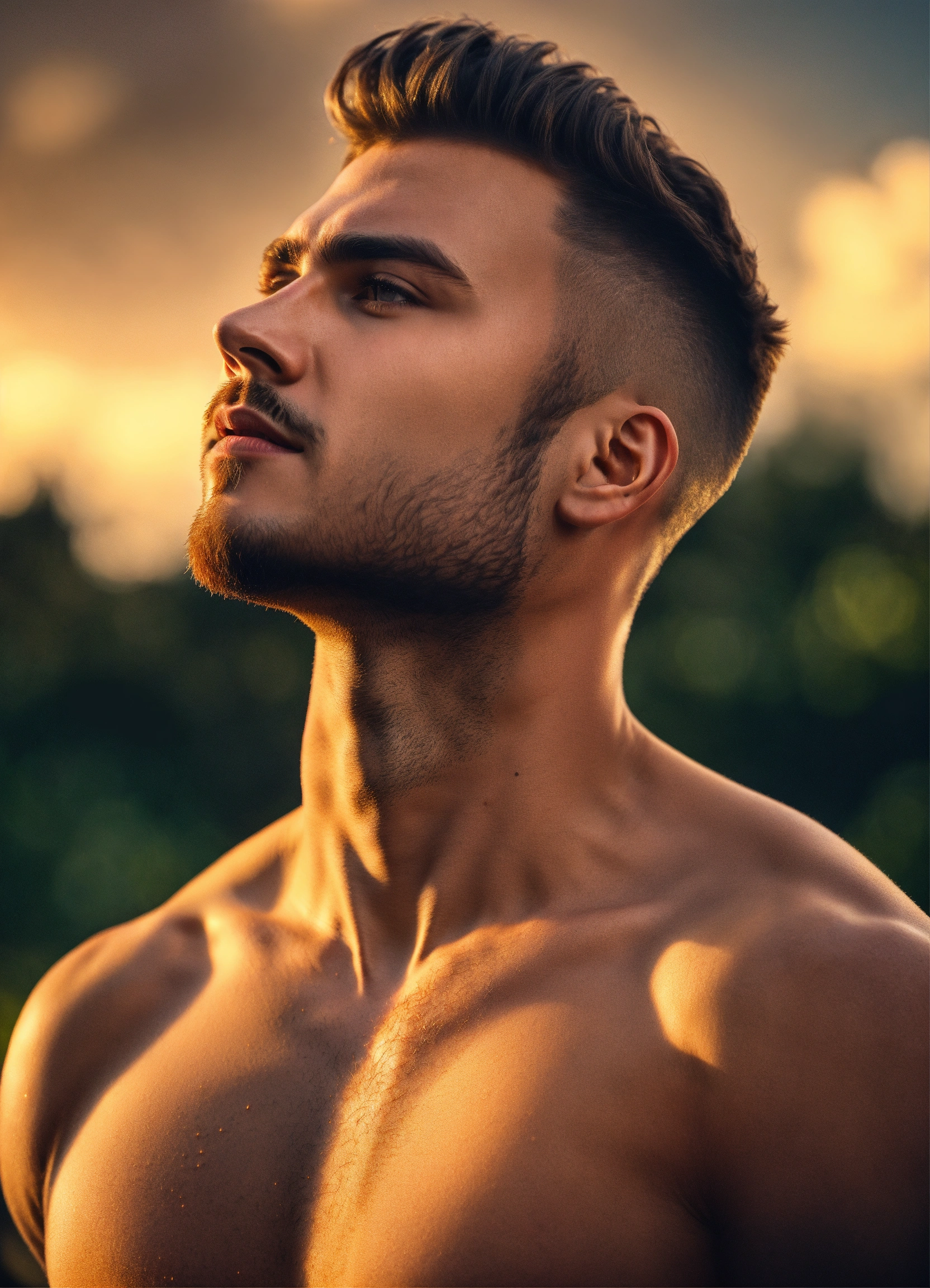 Lexica - Gorgeous well built guy, short buzz cut hair, open shirt, hairy  chest, looking up at the skies, 4k resolution, photo realistic image