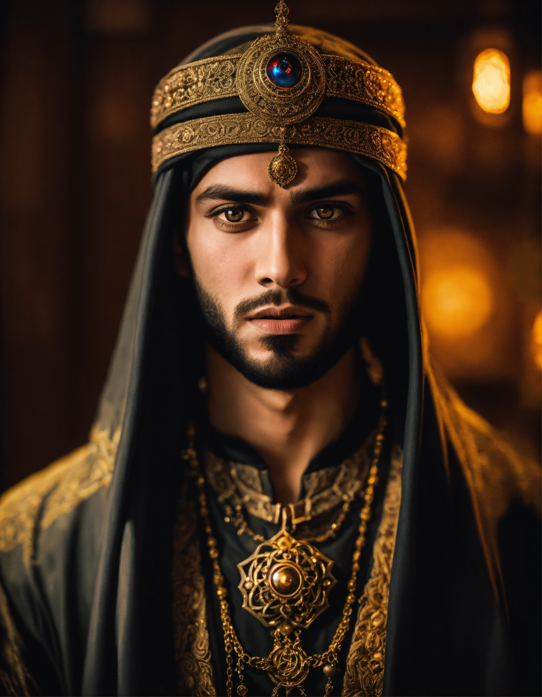 Lexica - Dramatic headshot of a young handsome wicked Arabic sorcerer ...