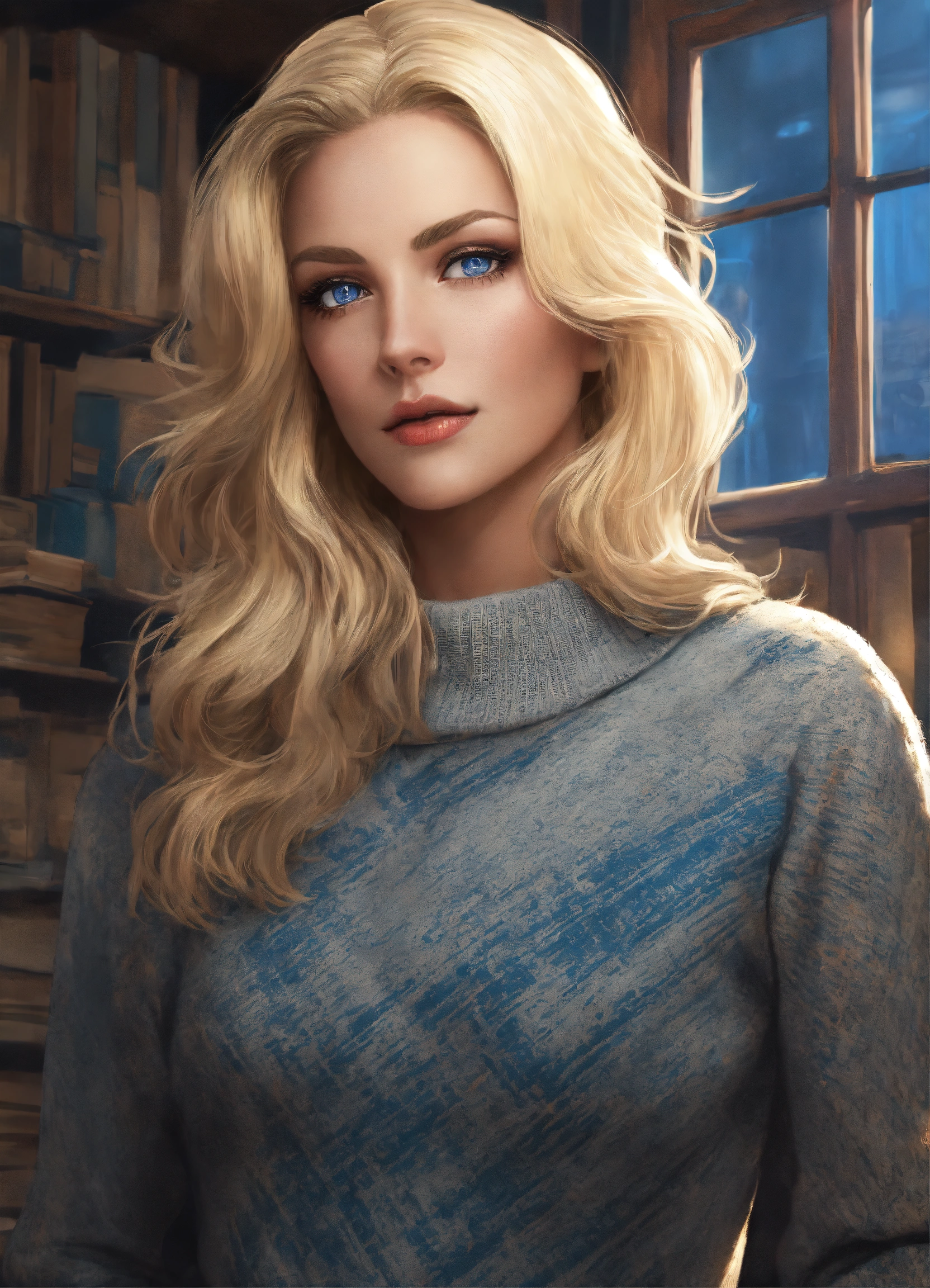 Lexica - A beautiful blonde woman in her mid-30s wearing a grey sweater ...