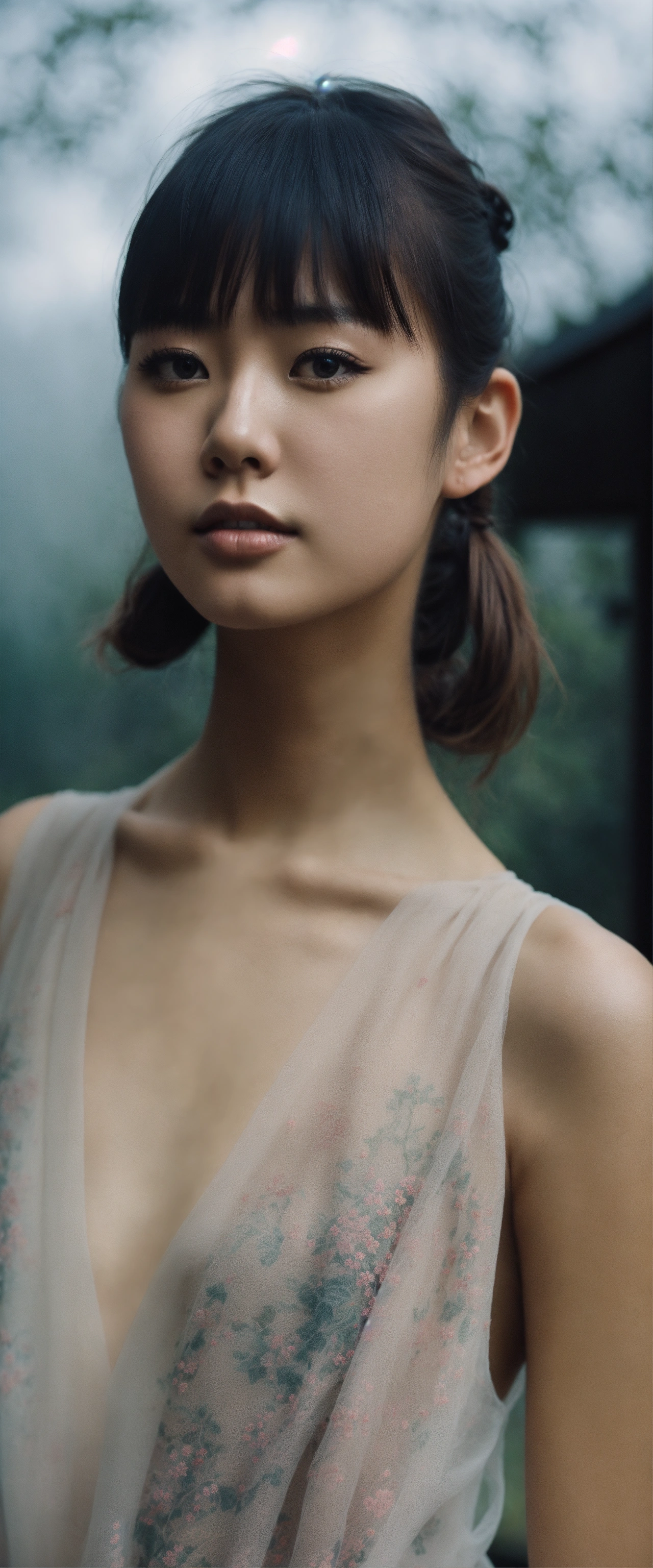 Lexica - Portrait of a beautiful gorgeous Japanese young woman with a  ponytail with bangs, wearing a sleeveless blouse and a short, ethereal  dreamy f...