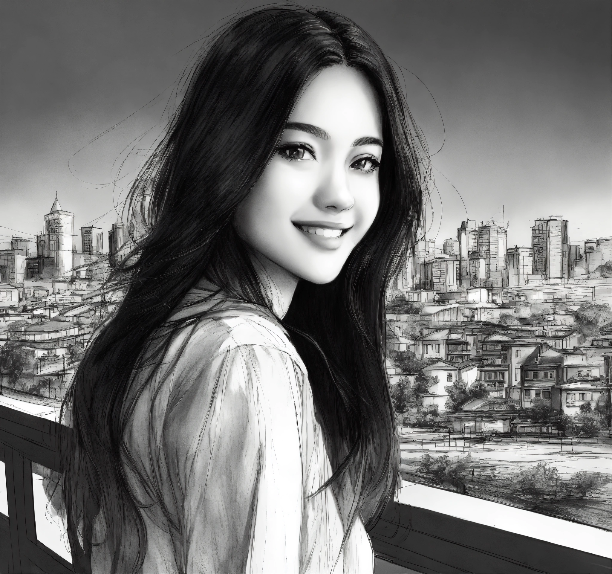 Lexica Pencil black and white sketch of eurasian girl long black hair