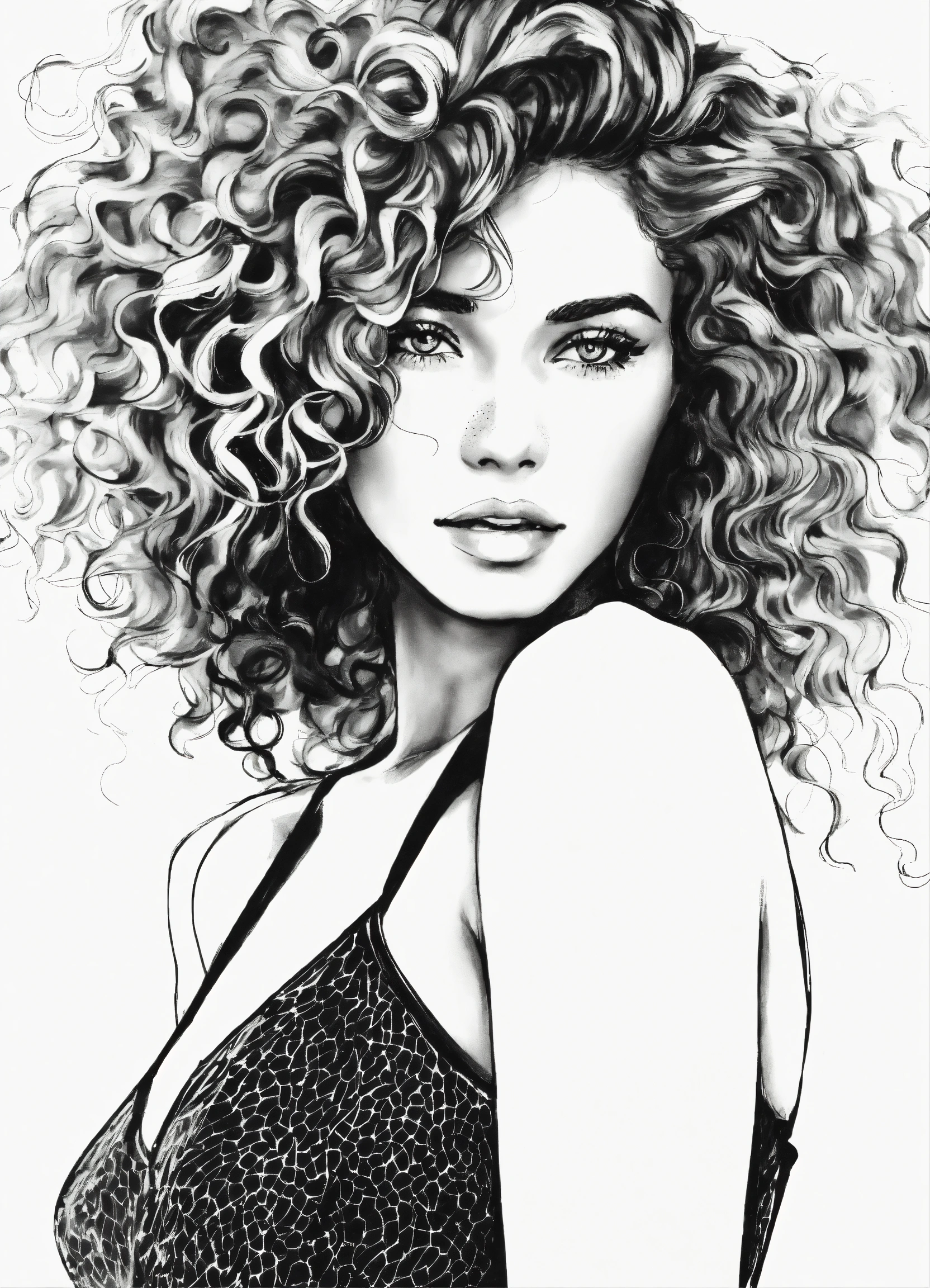 Lexica Black and white line drawing, woman, glamorous, upper body