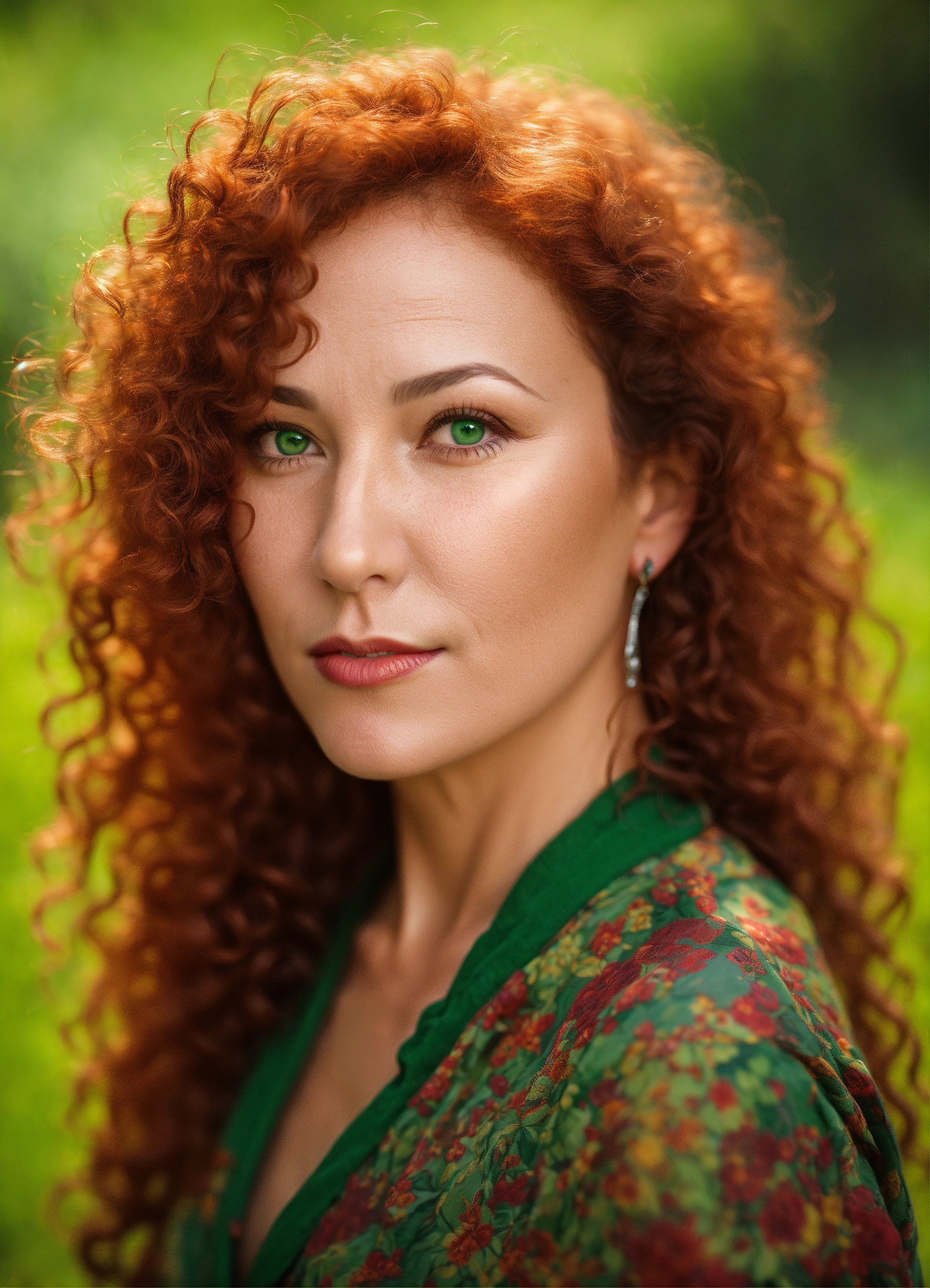 Lexica - Adult woman, 50 years old, red, curly hair, green eyes, plump lips