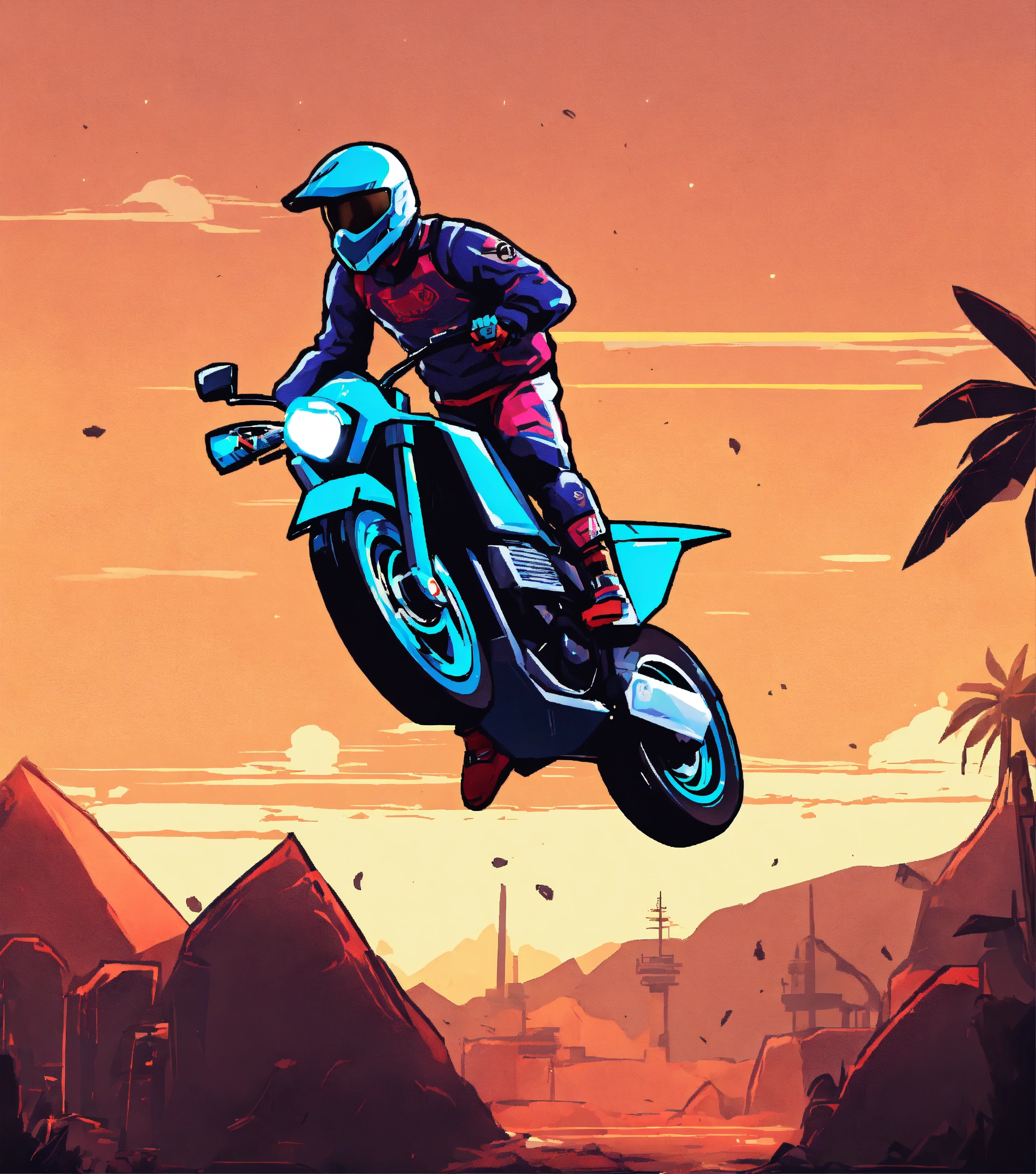 Lexica 2d game, heavy bike, jump stunt, guy riding,icon, clear background