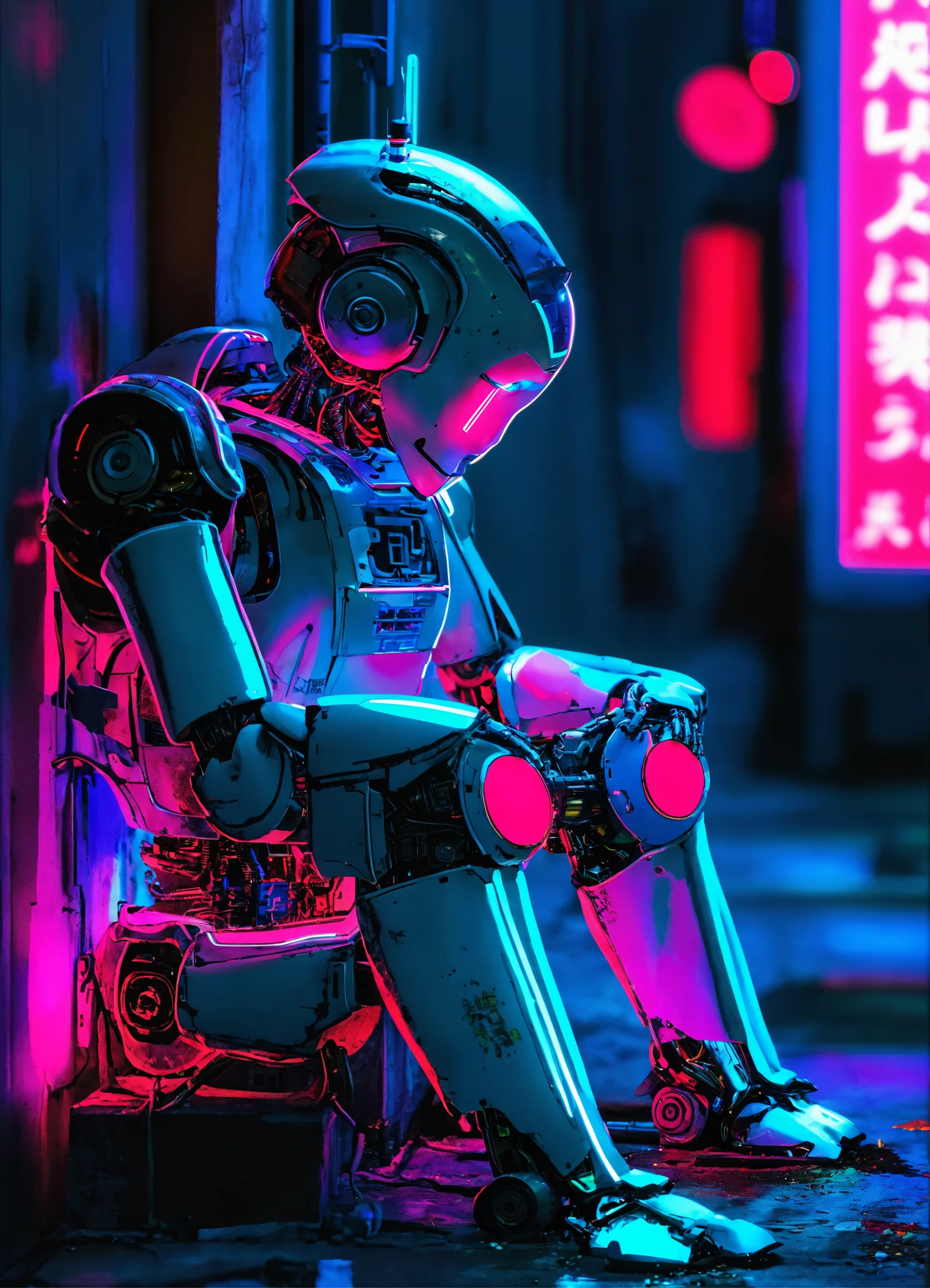 The robot is resting, Japanese anime style, neon light.