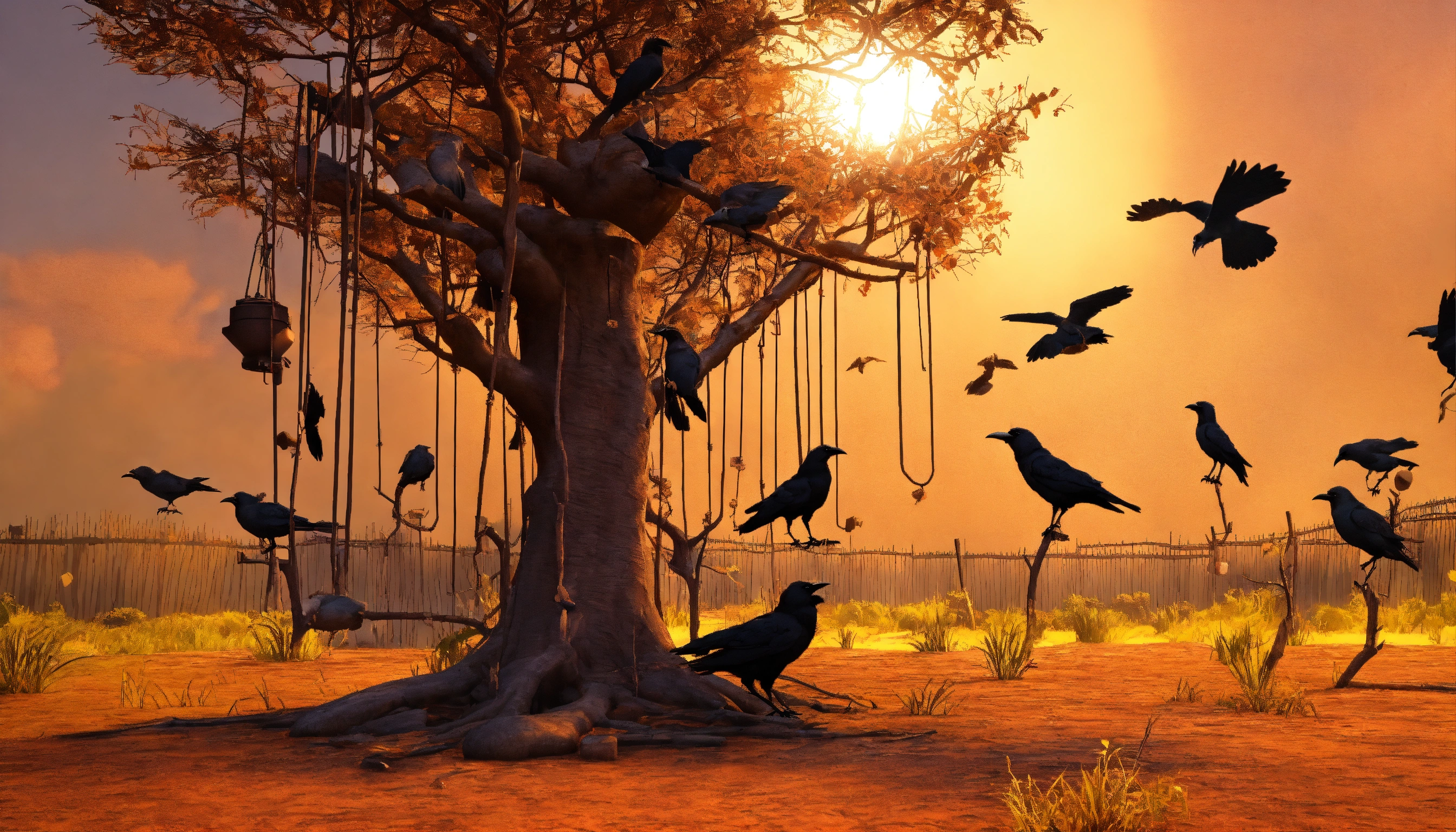 Lexica - Generate an image in which a flock of crow perched on a tree ...