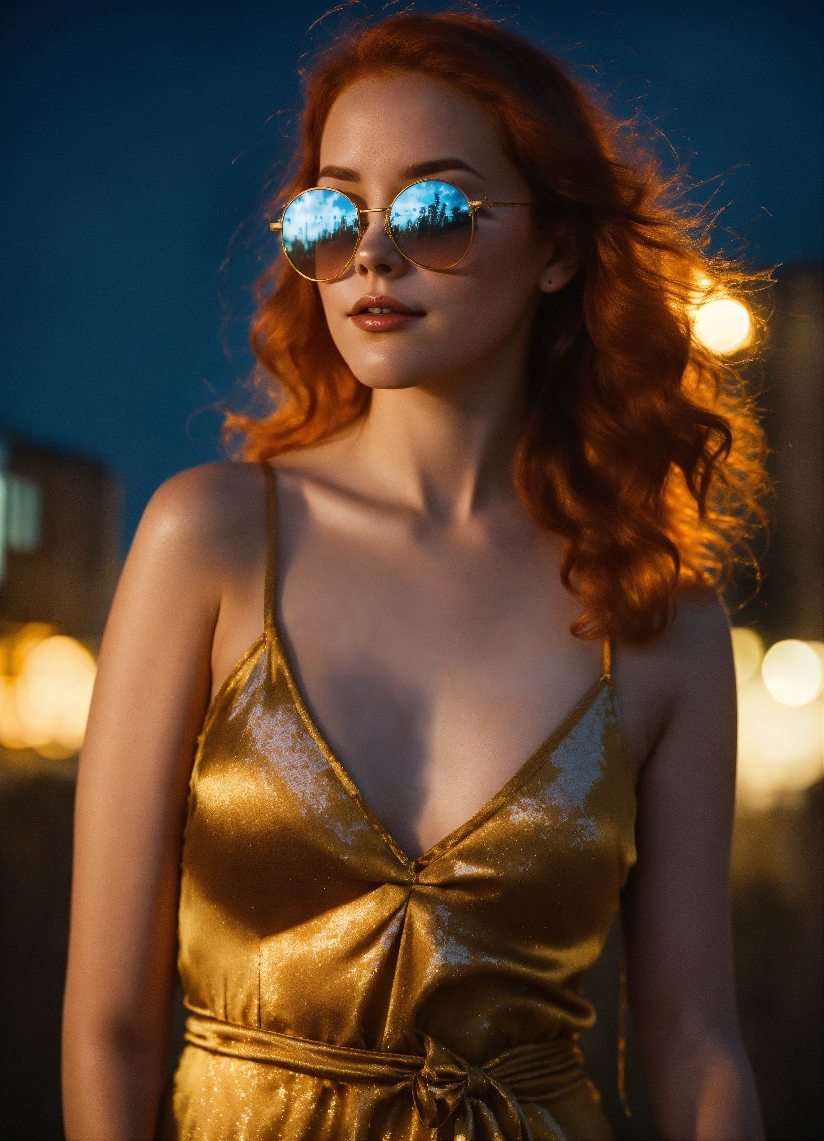 Lexica - A real photo of a cute 28 year old hot redhead next-door girl  wearing a tight golden silk open dress and hot glasses standing in a city.  In ...