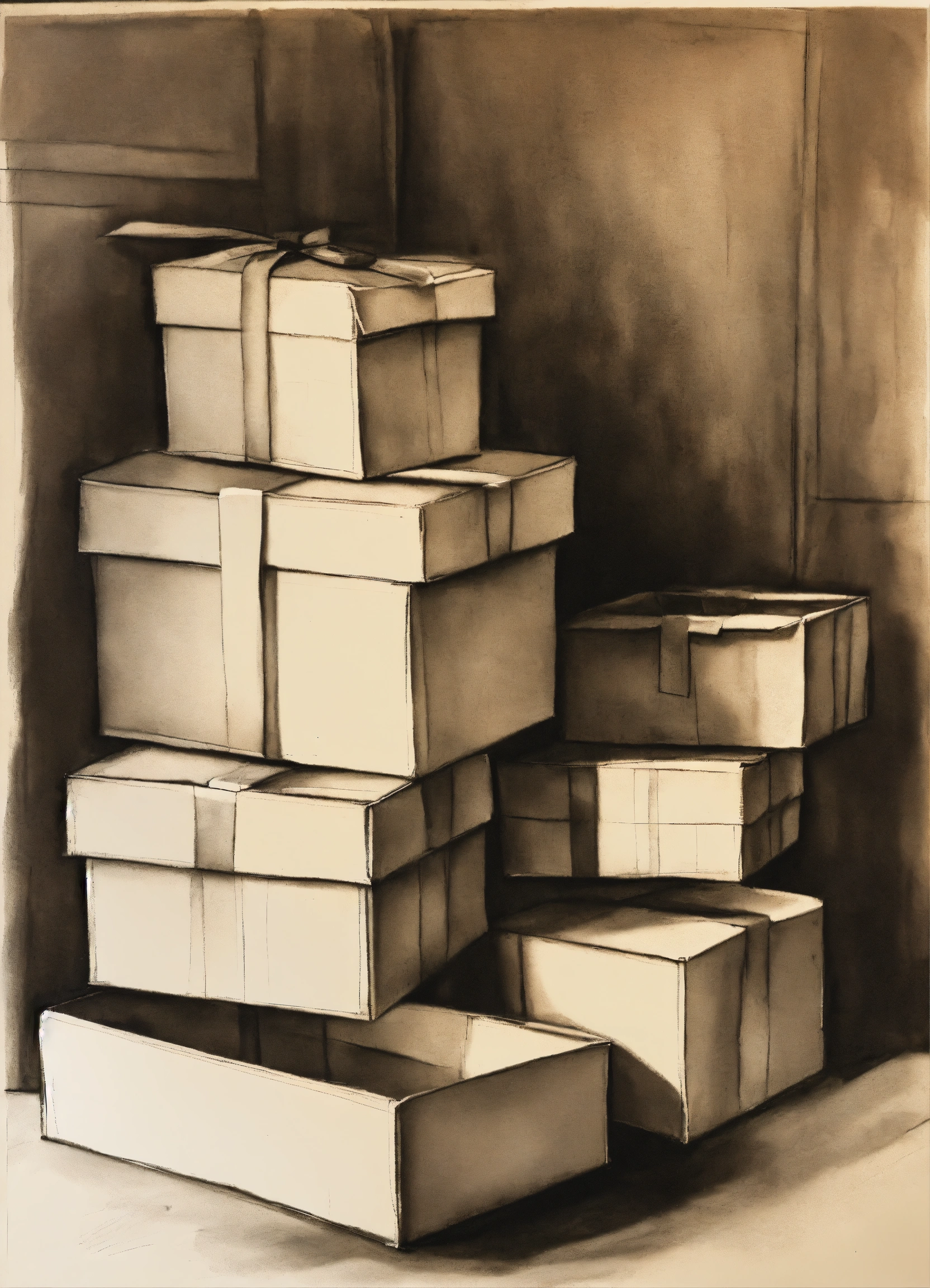 Lexica - Empty boxes still life in charcoal