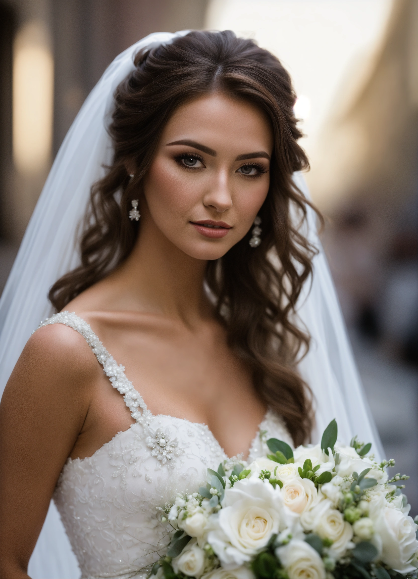 Lexica bride, button nose full white gown, detailed