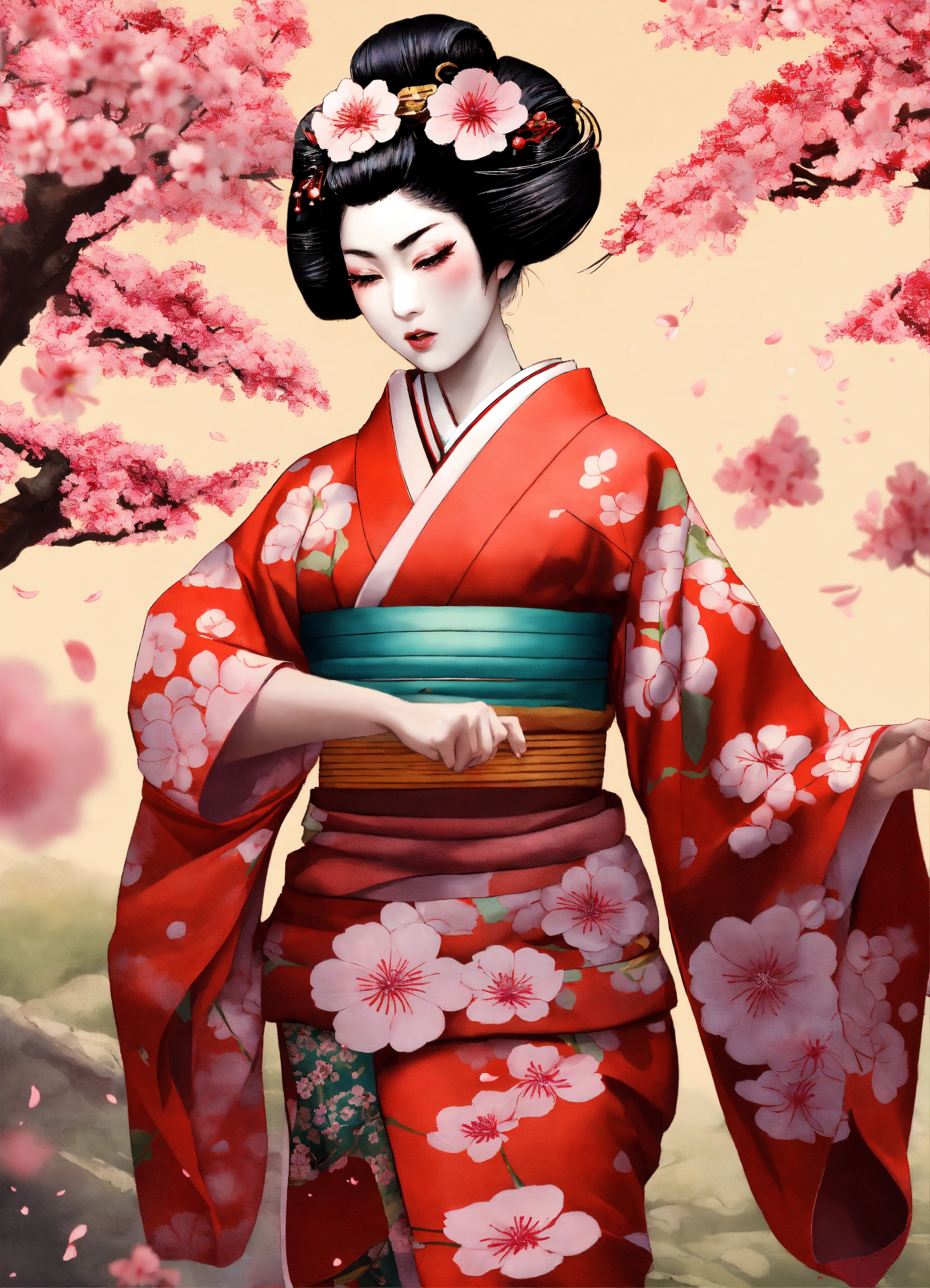 Lexica A Geisha Fiercely Fighting With Her Maiko In A Cherry Blossom