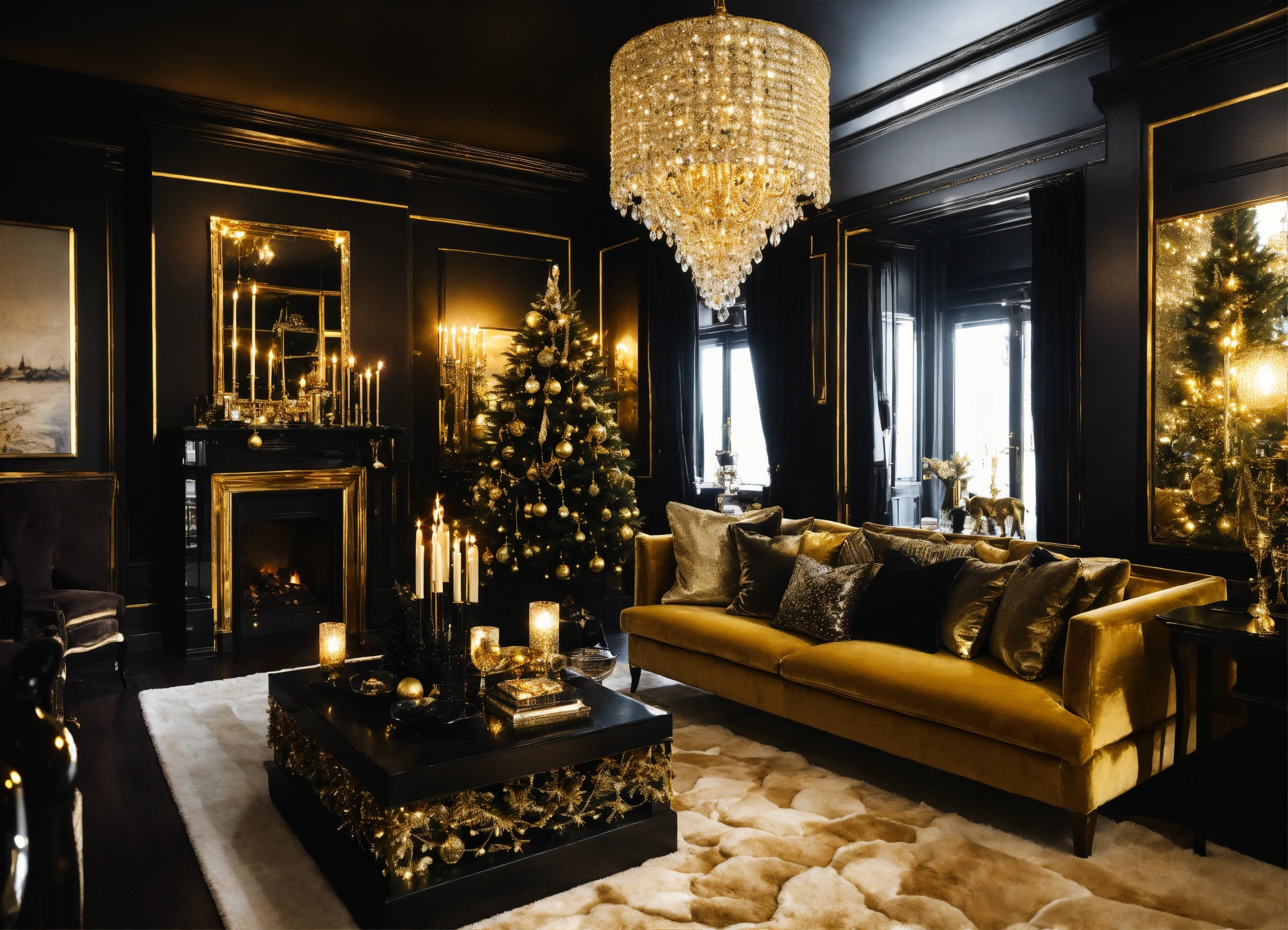Lexica - Black Christmas, sparkling, gorgeous, gold and black, interior ...