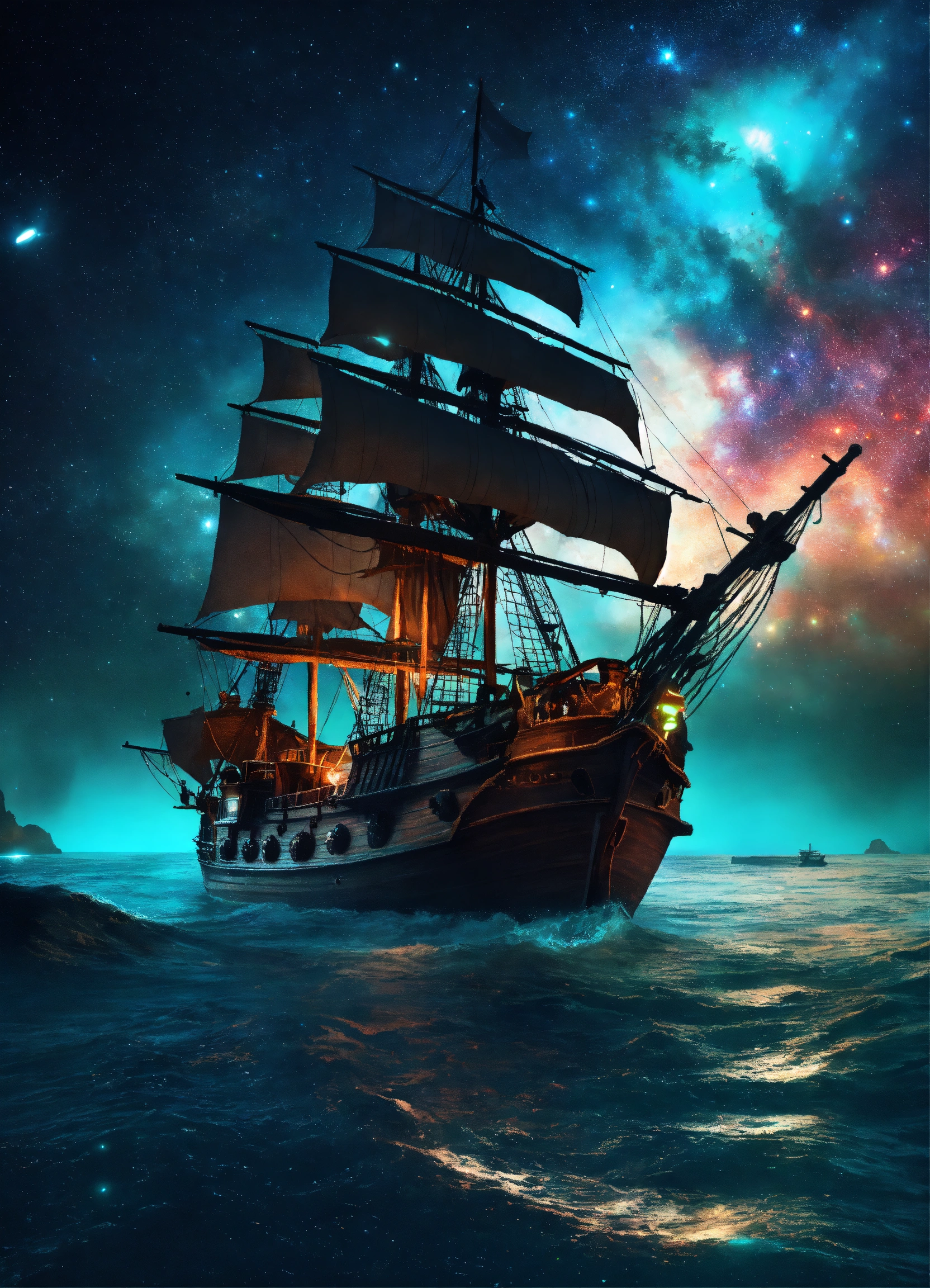 Lexica - (Pirate ship sailing into a bioluminescence sea with a galaxy ...