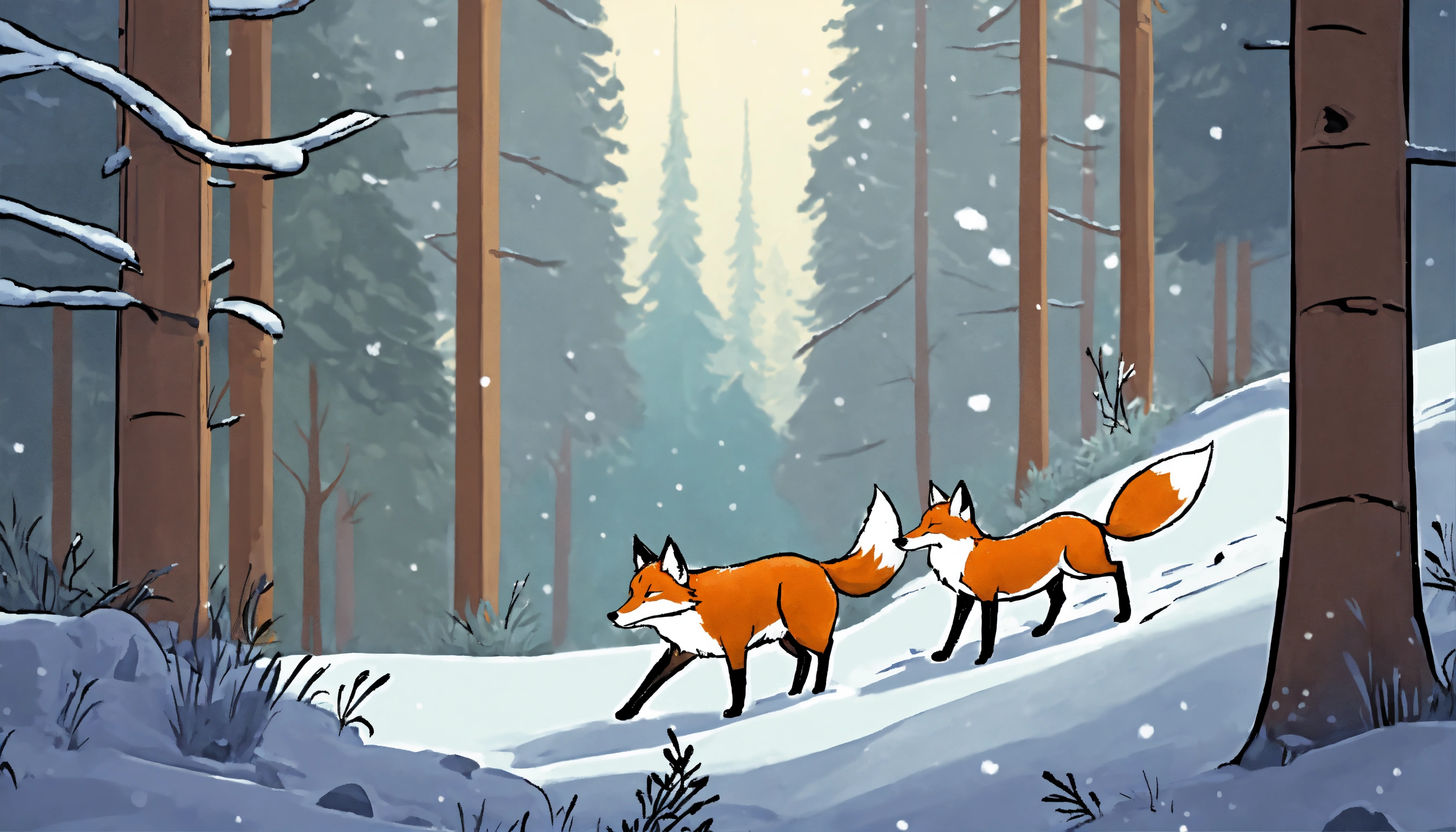 Lexica - A cartoon-style snowy forest edge. A cute fox and a grey wolf ...