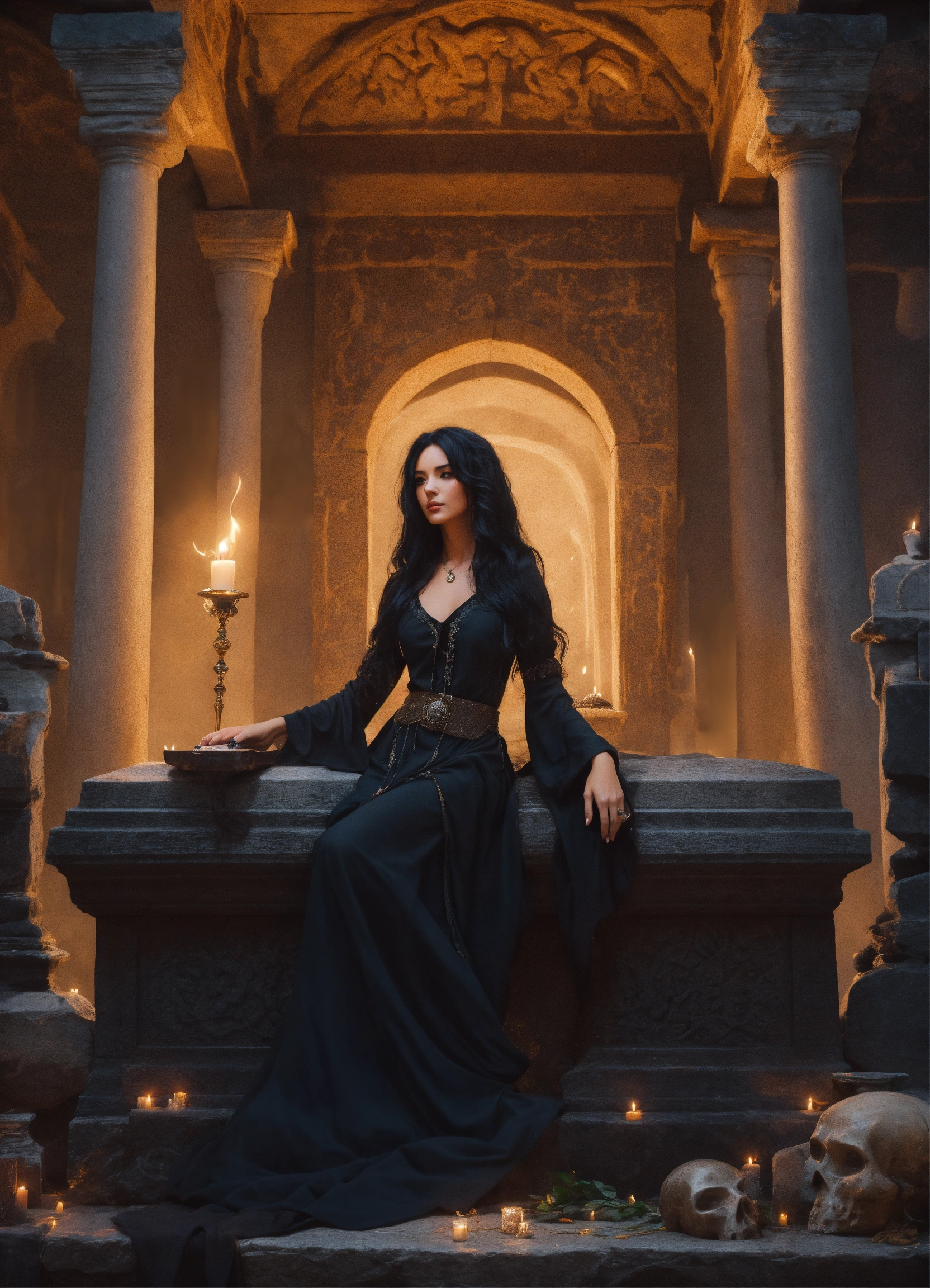 Lexica - A beautiful sorceress with long black hair dressed in a black ...