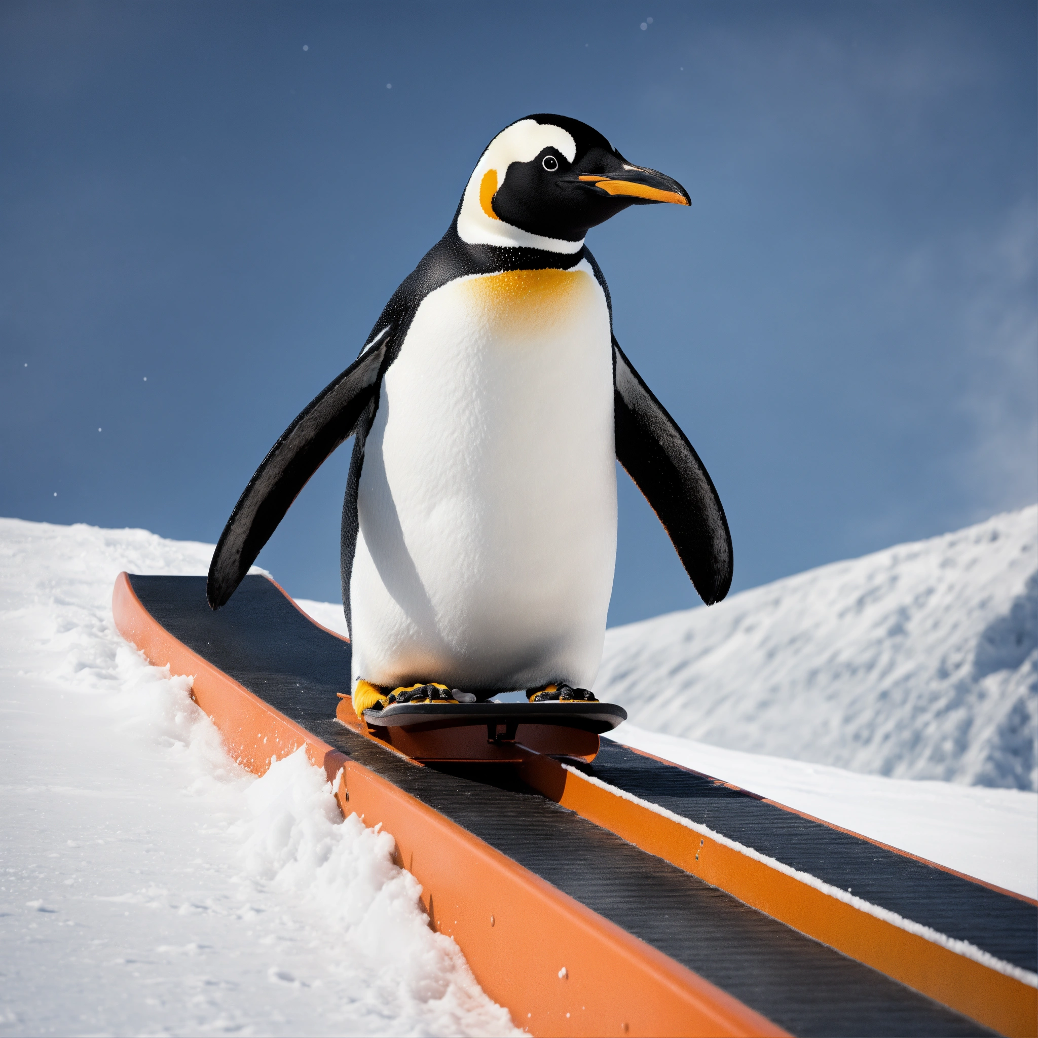 Lexica - Realistic penguin ride on snowboard slide on rail