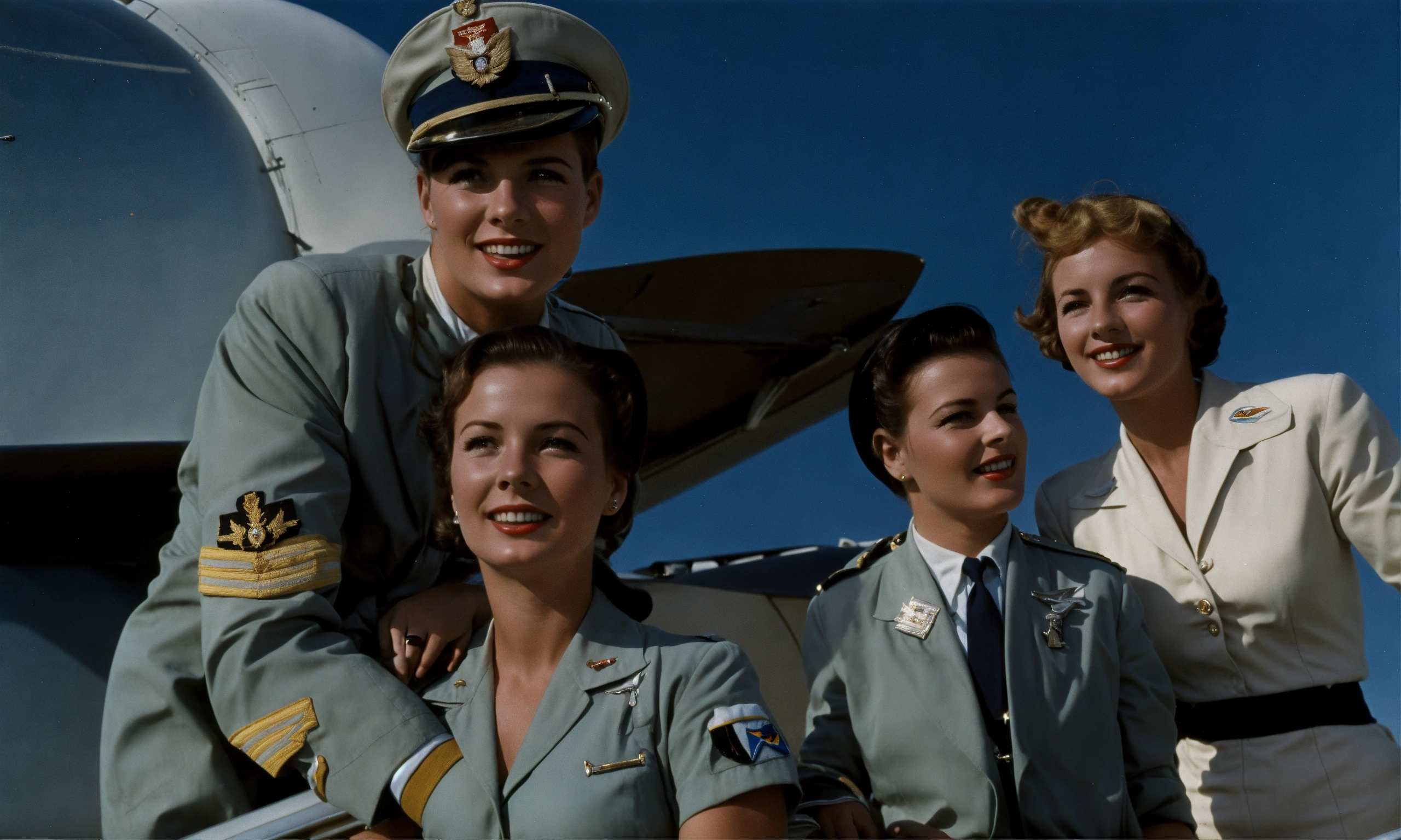 Lexica - Group of 2 pilots and 4 stewardess in a plane 1950