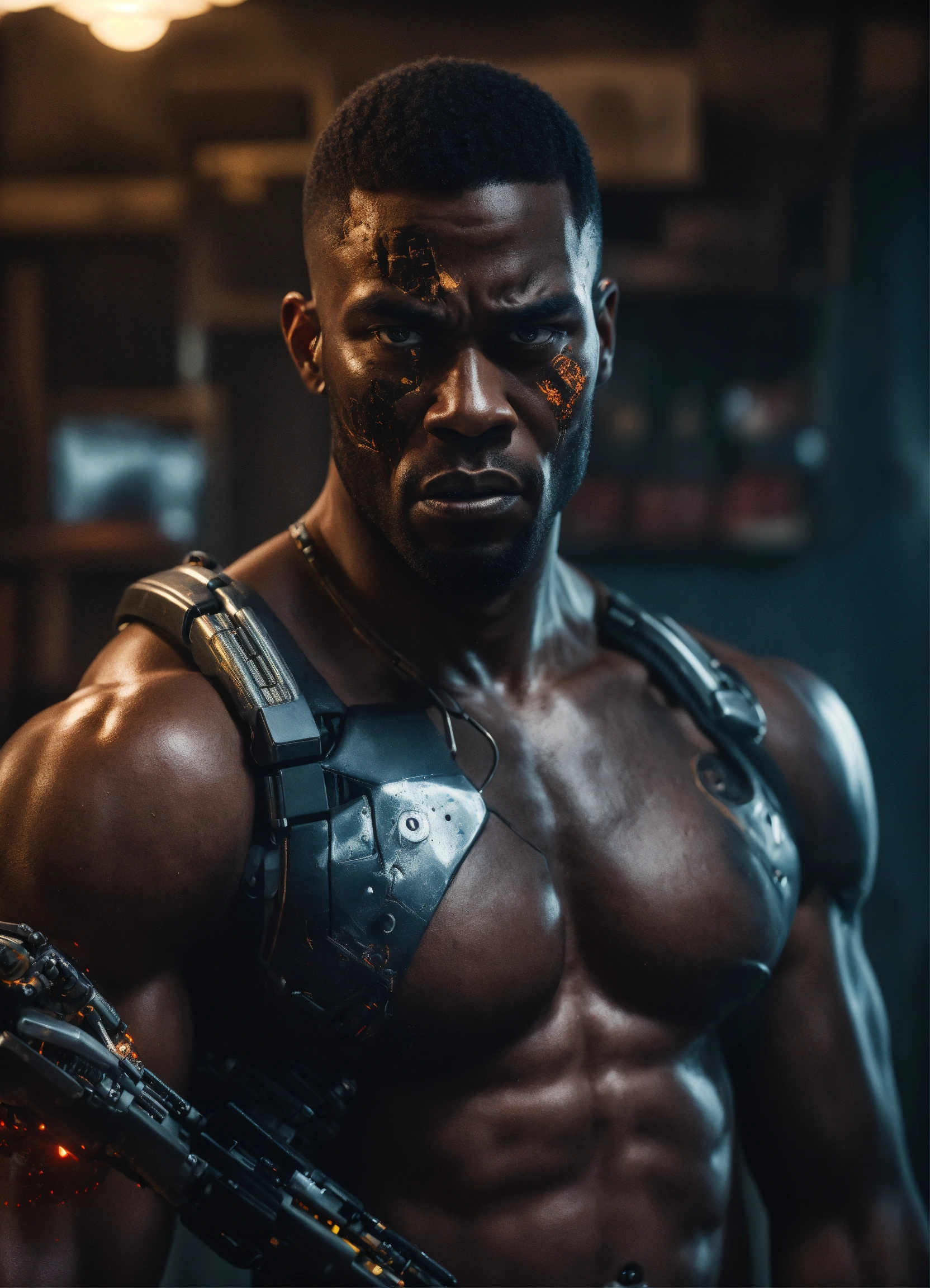 Lexica - A realistic photograph of an ugly 30-year-old dark black man, with  half cyborg face, a cyborg arm, with a very angry expression, with very s...