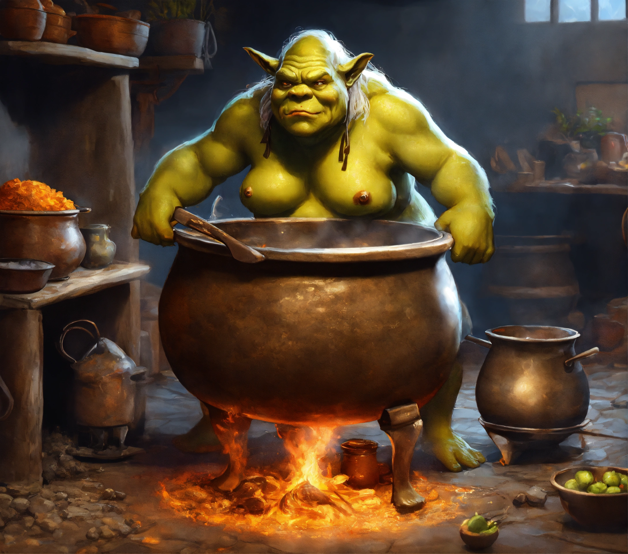 Lexica - Ogre female cooking in a cauldron, digital painting ...