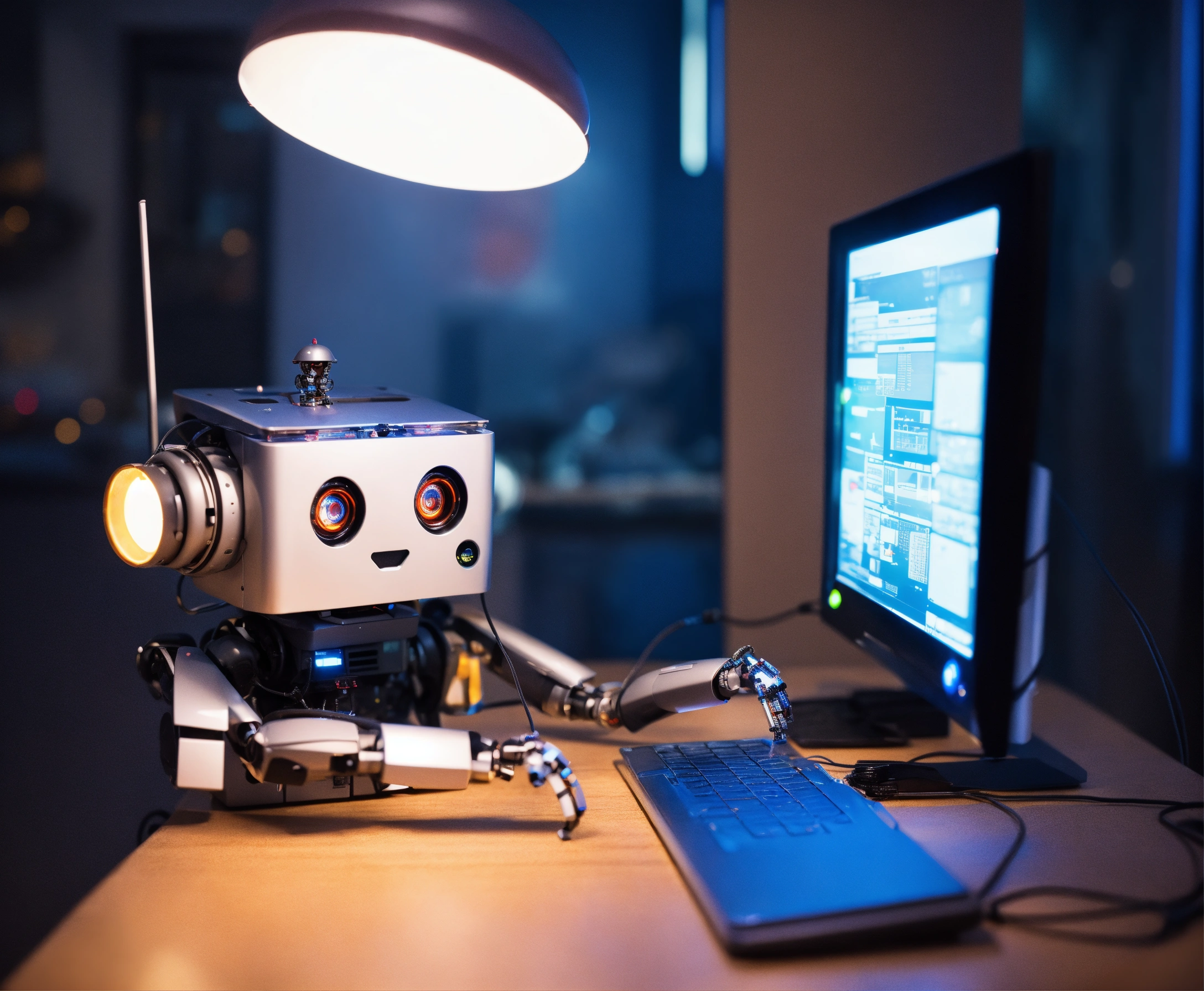 Lexica - A cute robot using a computer