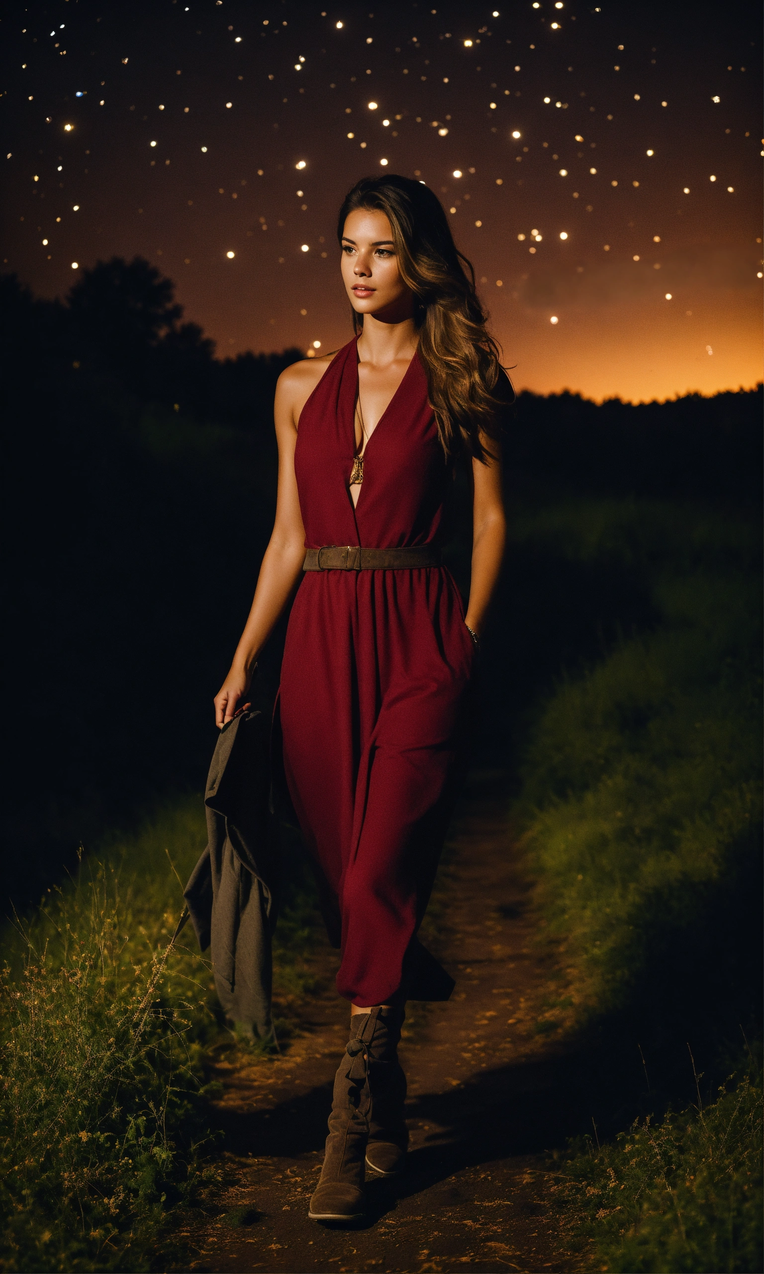 Lexica - A stunning female walking in the countryside at night
