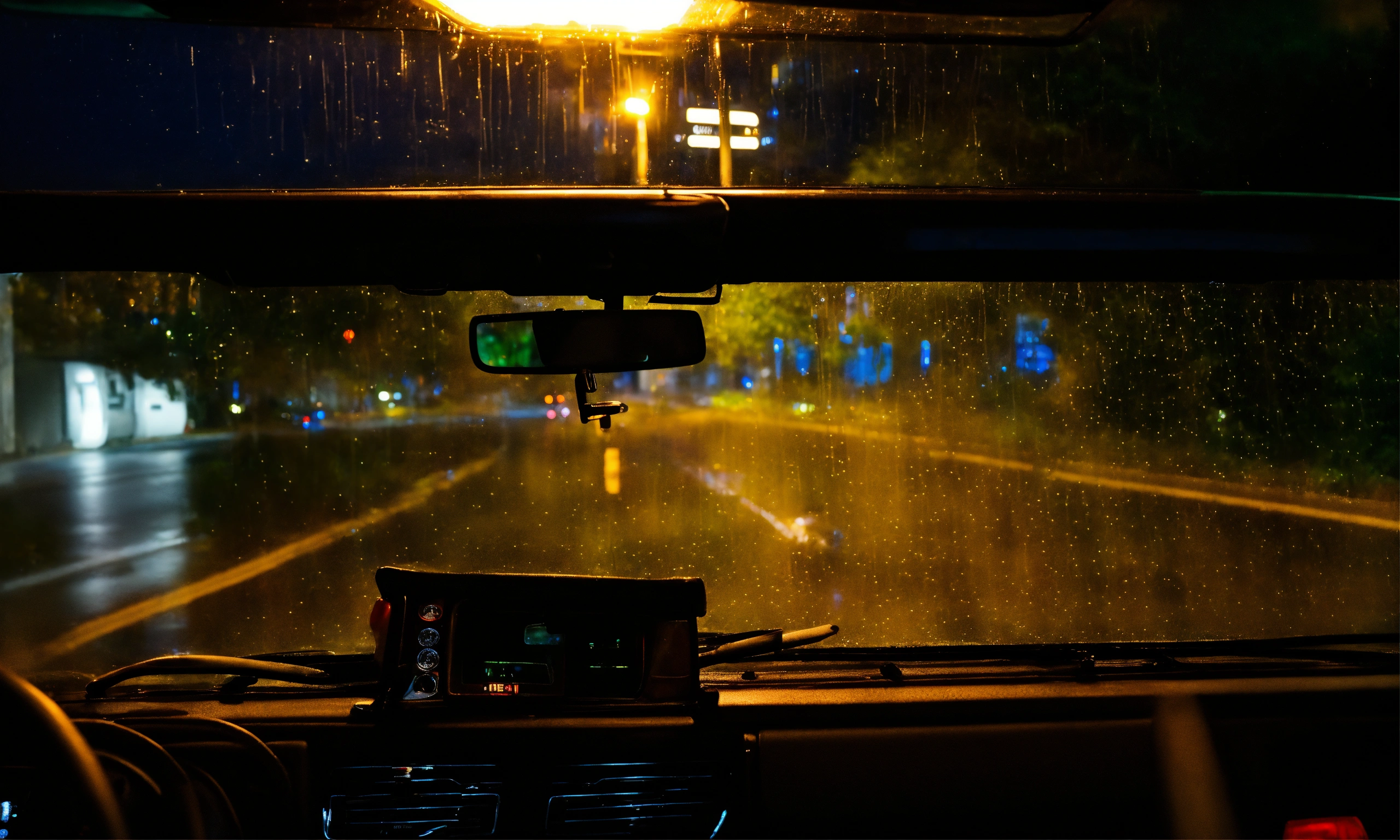 Lexica - Car rear window view, rainy glass, VW bus with high beams ...