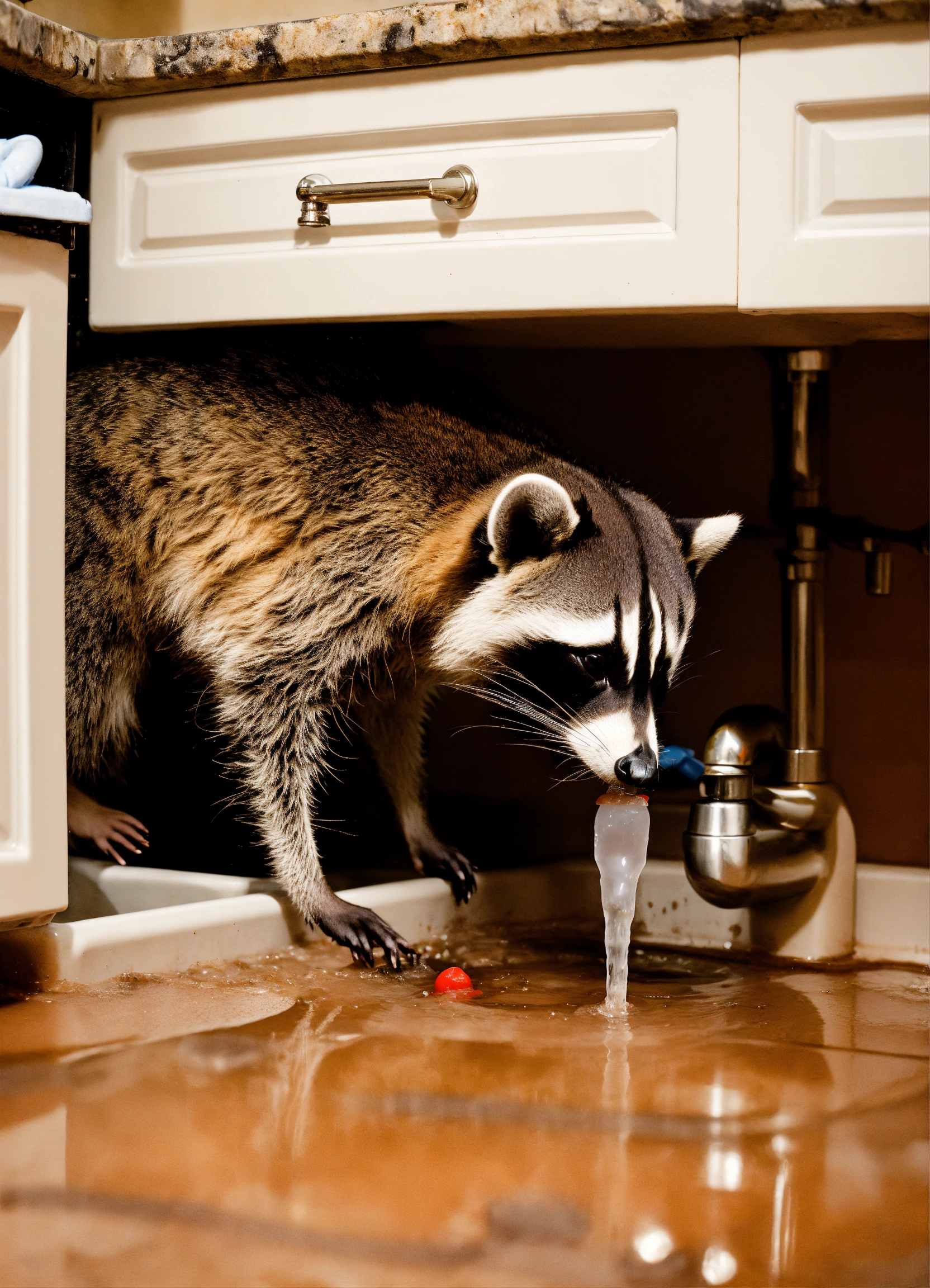 Lexica - A racoon plumber bent over working under a sink