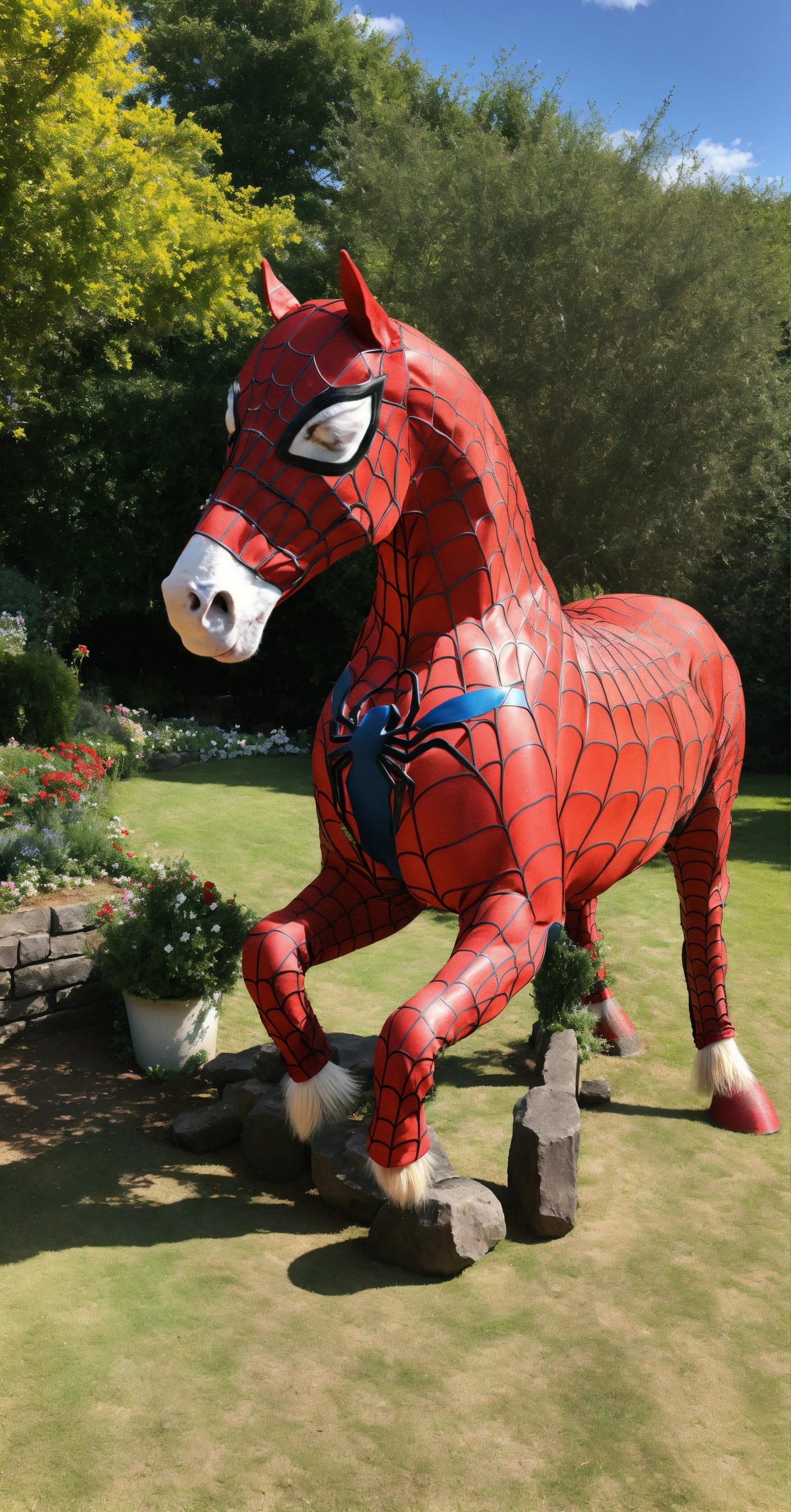 Lexica - Realistic, spiderman themed horse, in the garden, amazing ...