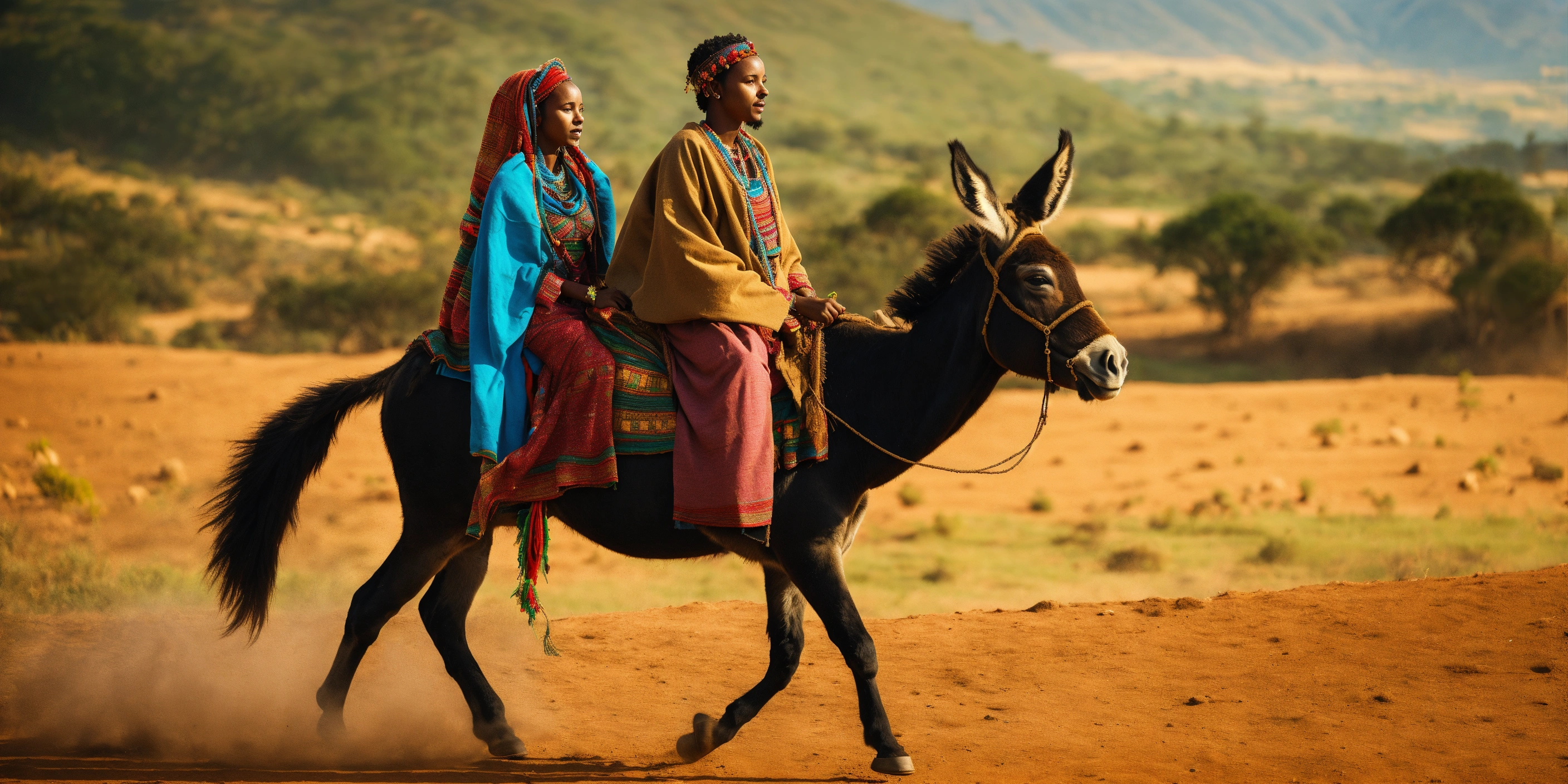 Lexica A young Ethiopian woman rides a donkey. Her Ethiopian husband