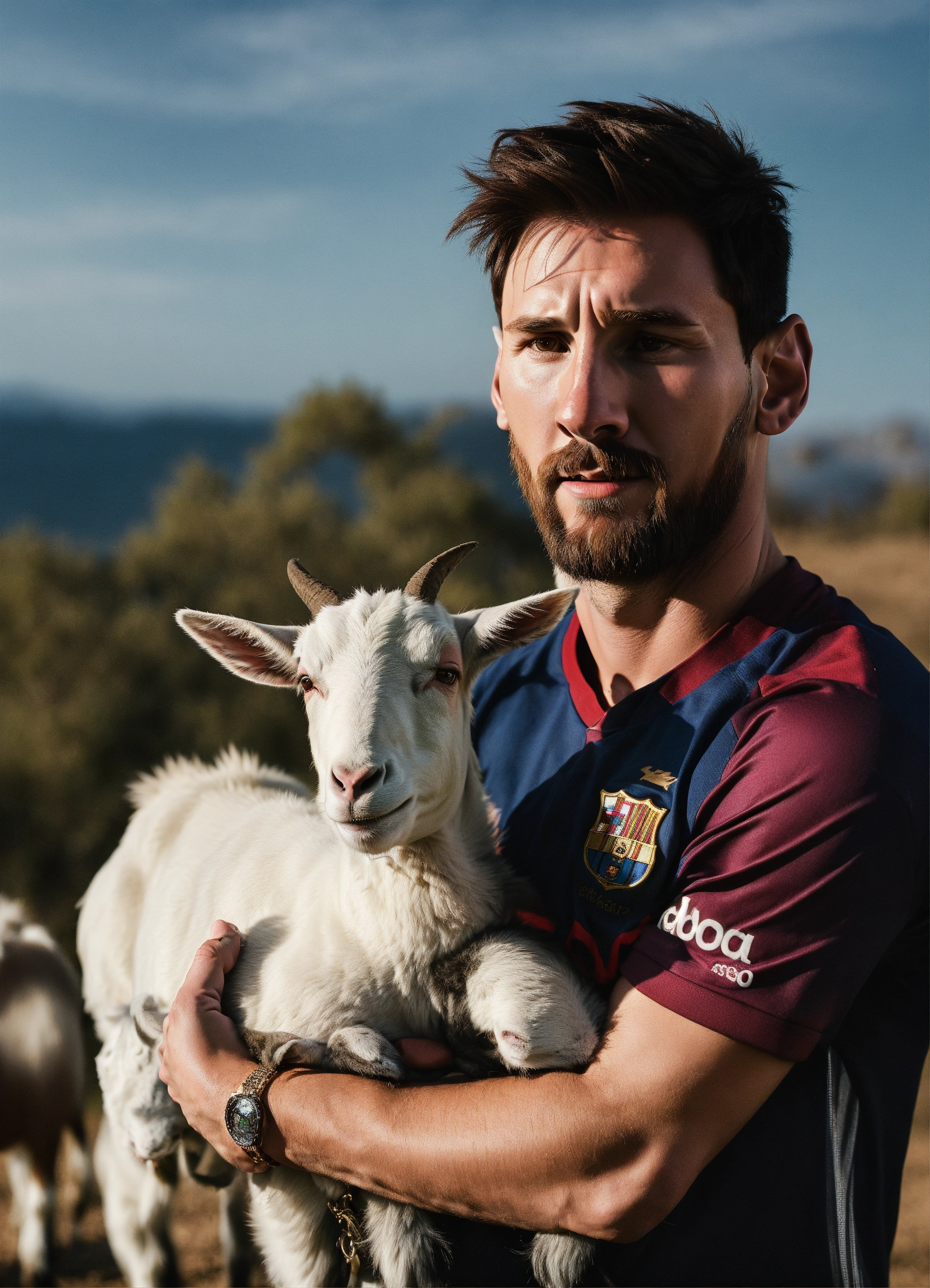 Lexica - Portrait of Lionel Messi holding a goat