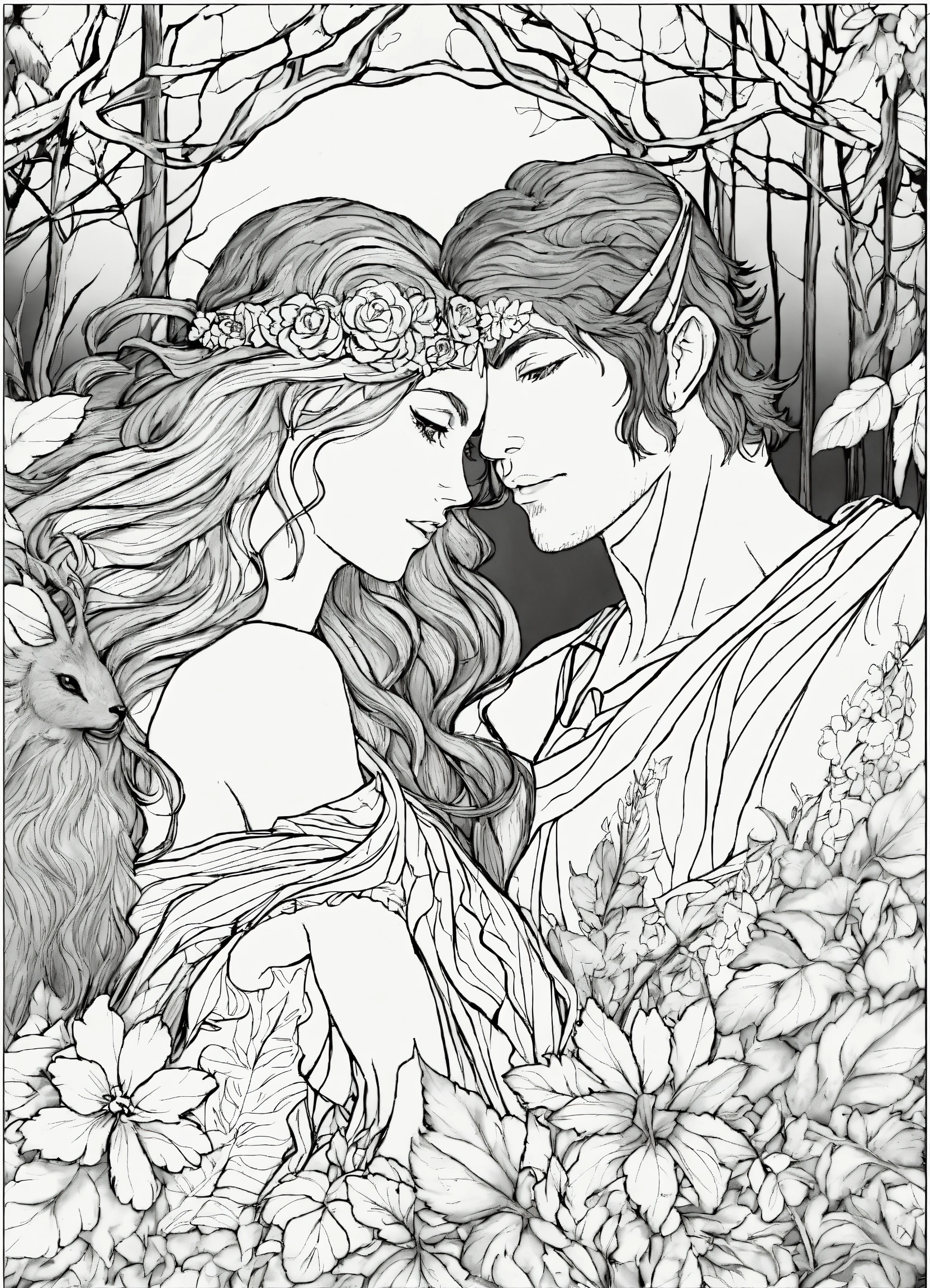 Lexica - Coloring page black and white of a beautiful couple guy and girl  forest nymph and forest spirit, fantasy, in love, couple, hug each other,  ...