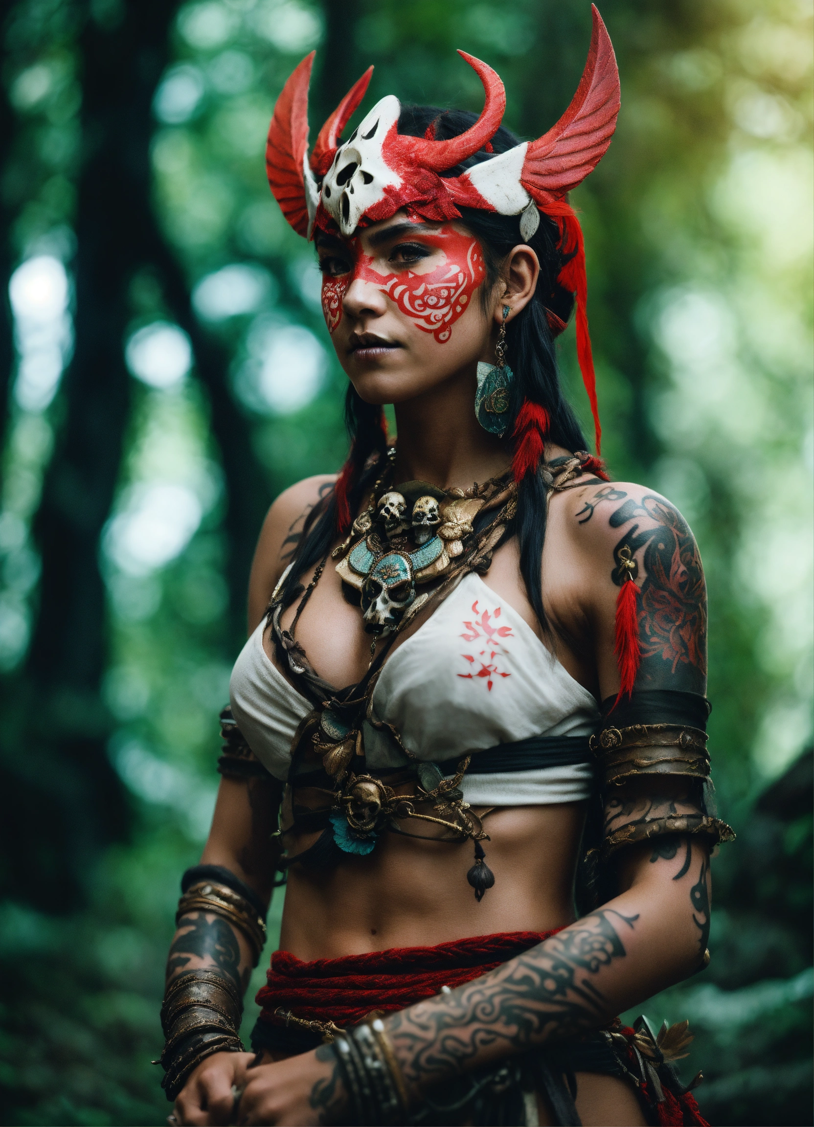 Lexica - A fierce anime female warrior in an enchanted forest. Wild tribe  girl, tanned, red and white marks and tattoo on face and body, primeval  tri...