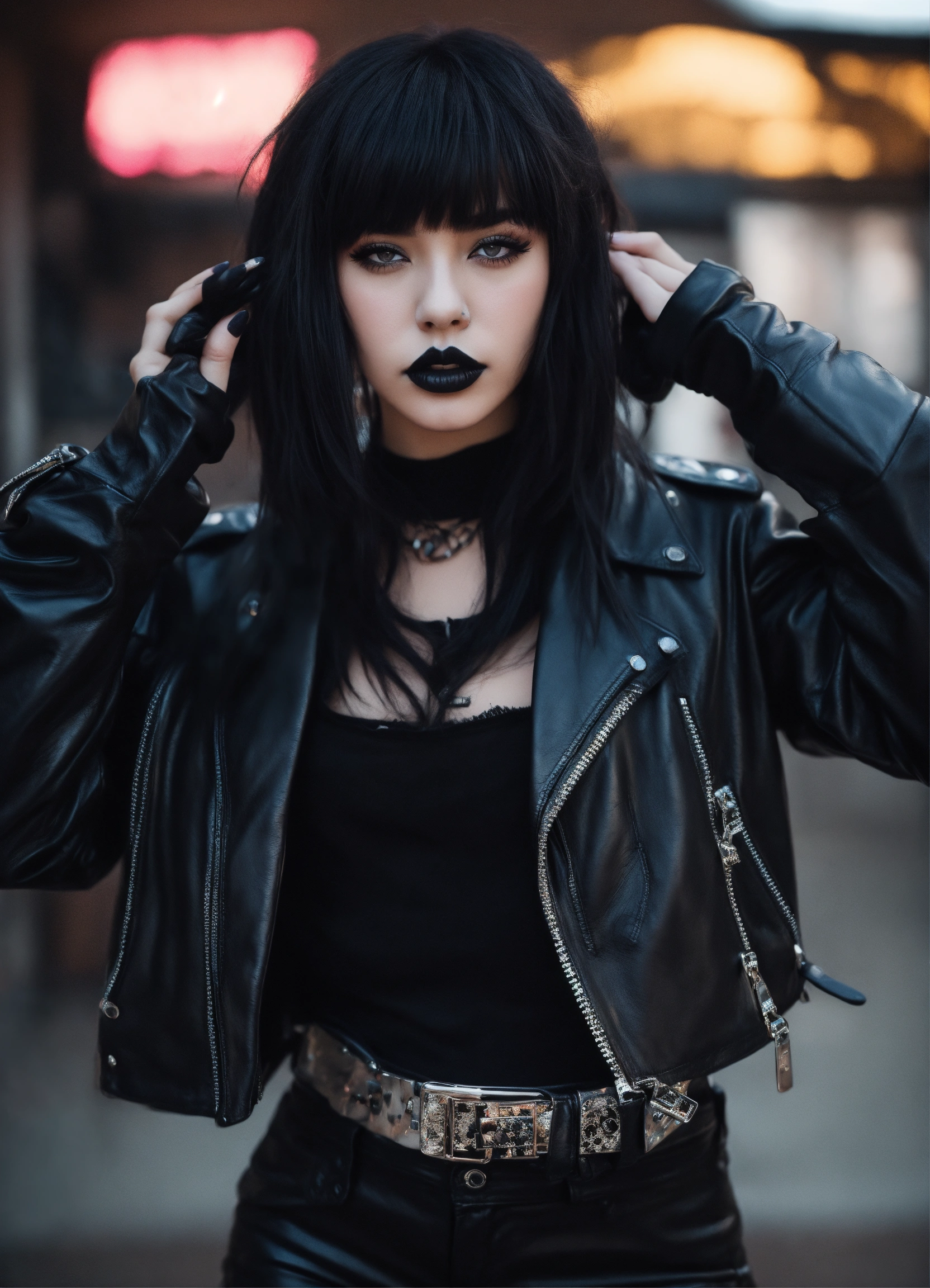 Lexica - E-girl, fully body, black hair, bangs hairstyle, black leather ...