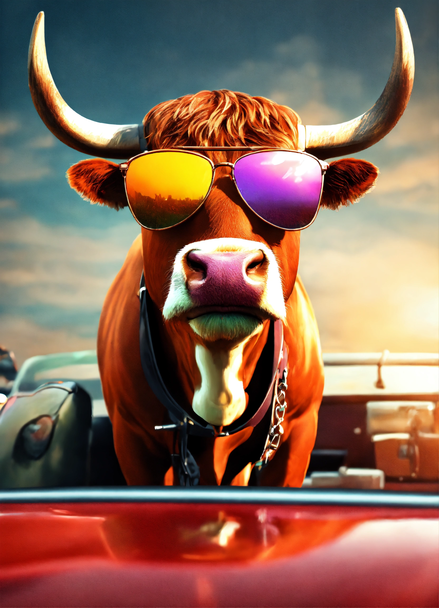Lexica - Happy bull in sunglasses, front, 8k, realistic