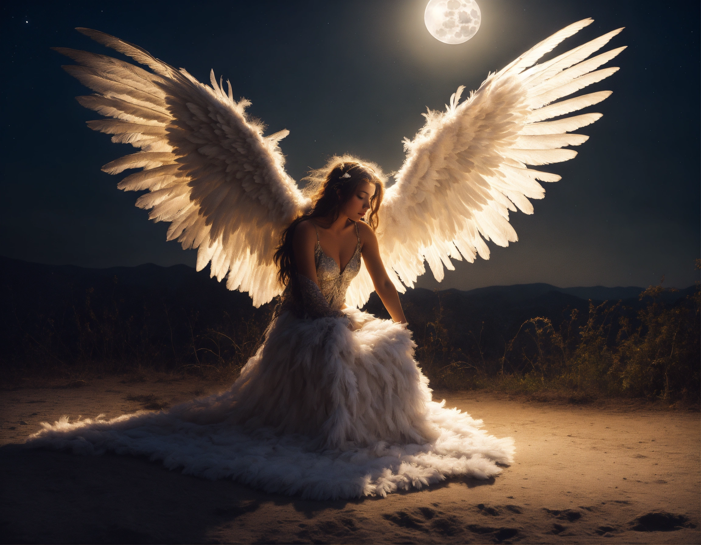 Lexica - Tempted fallen angel with feathered wings on Earth