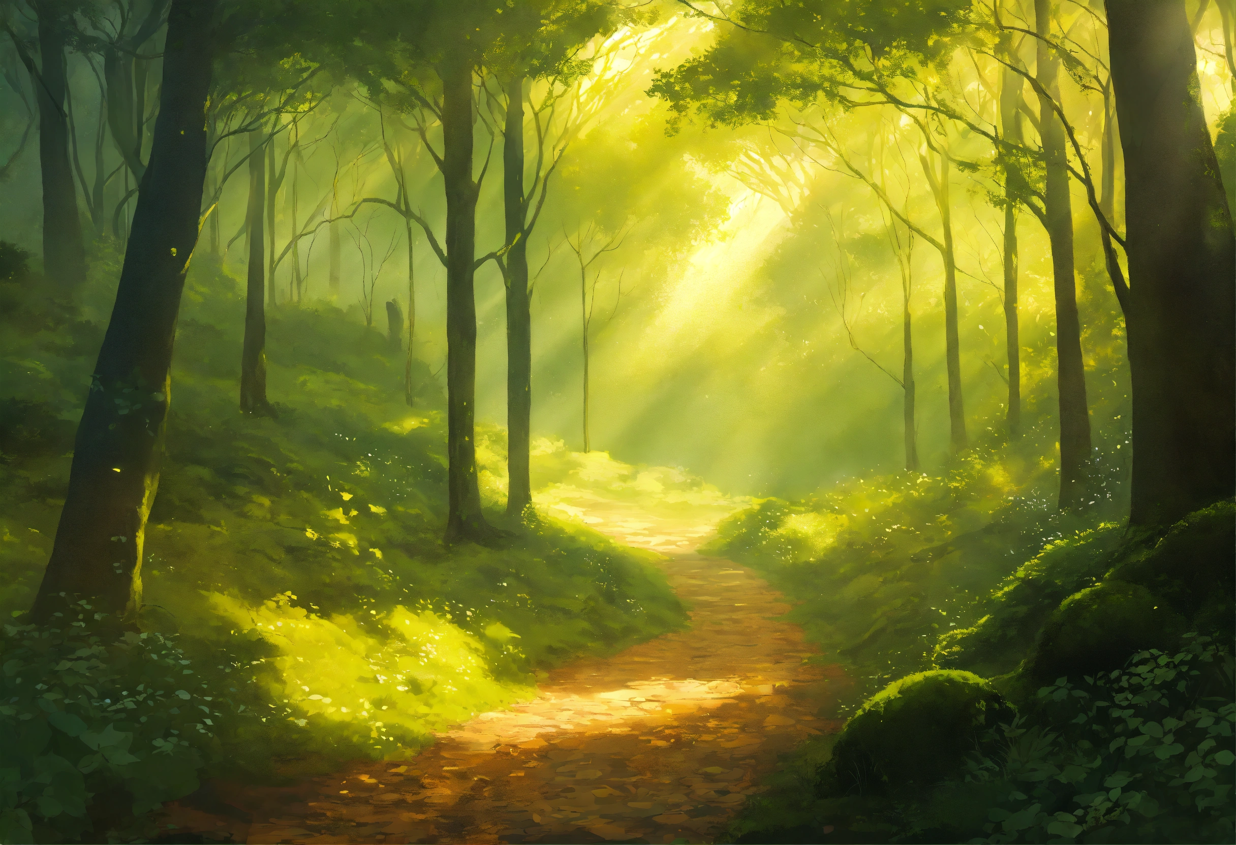 Lexica - A tranquil forest landscape with gentle rays of sunlight ...