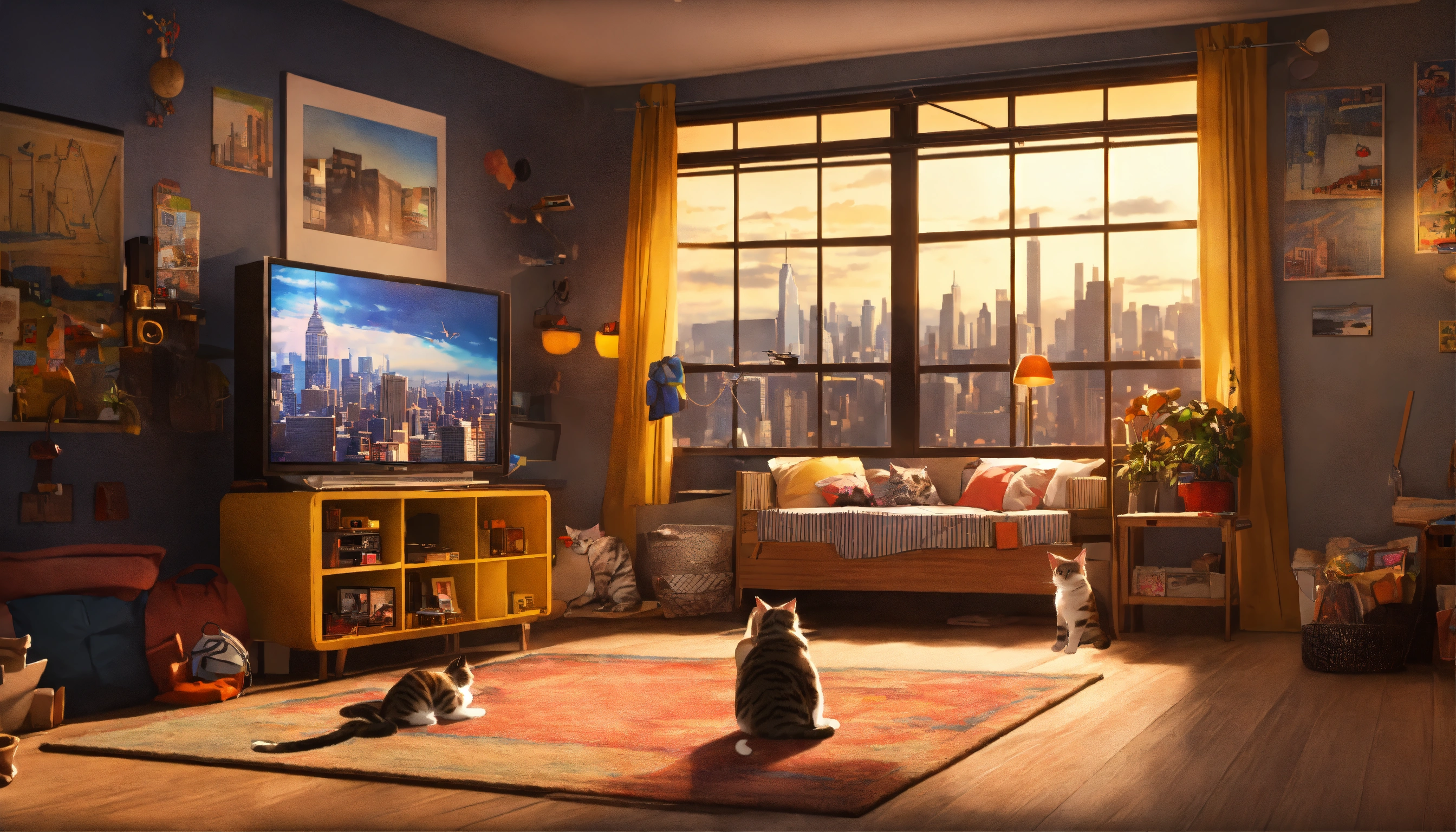 Lexica - Make a loft style animation with a kids room and a cat, in the ...