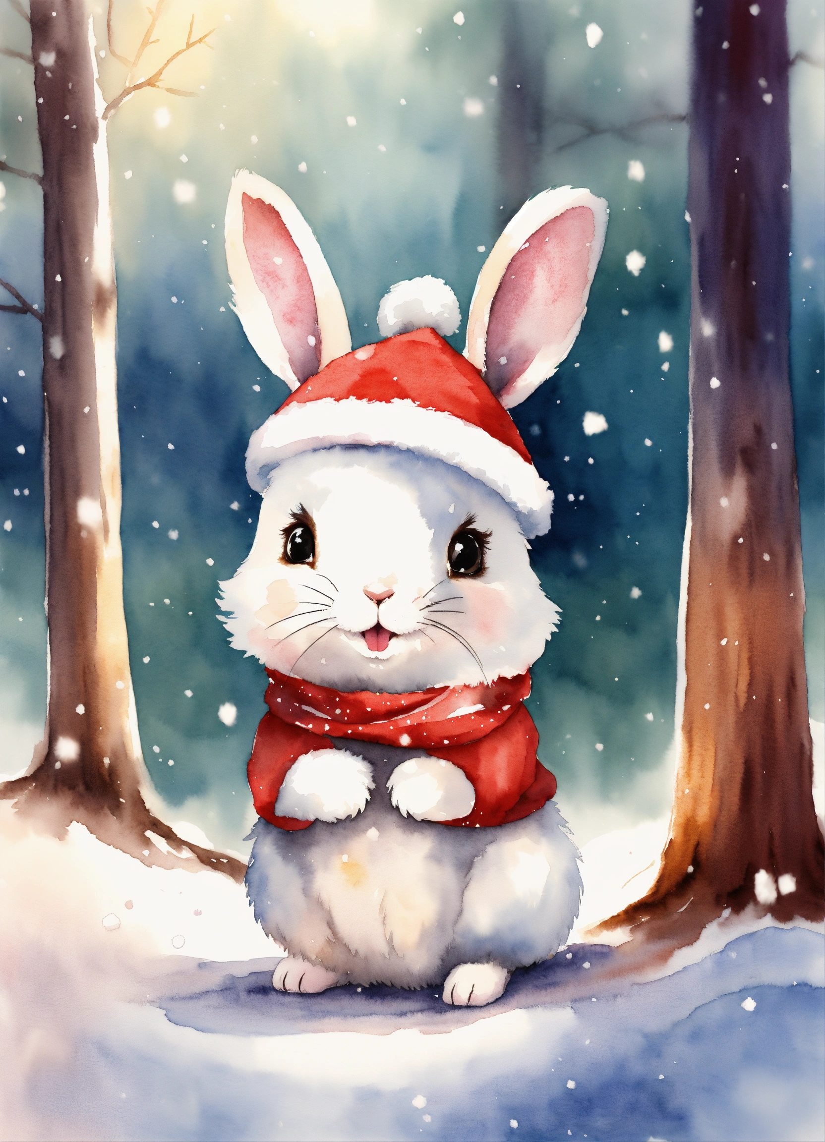 Lexica - A cute happy rabbit in forest with Christmas hat , ,snow ...