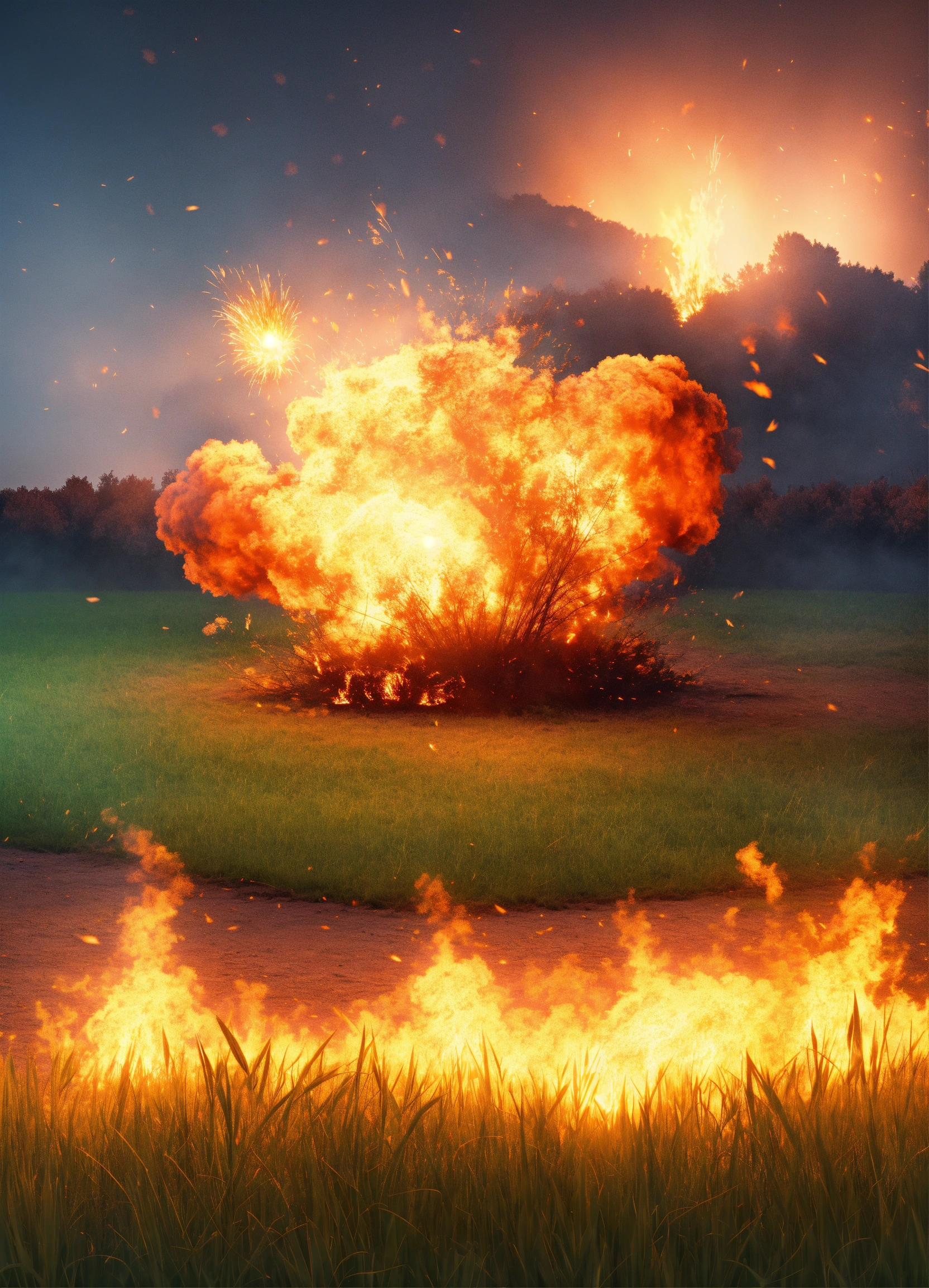 Lexica - Background with explosions and fire, grass on the ground