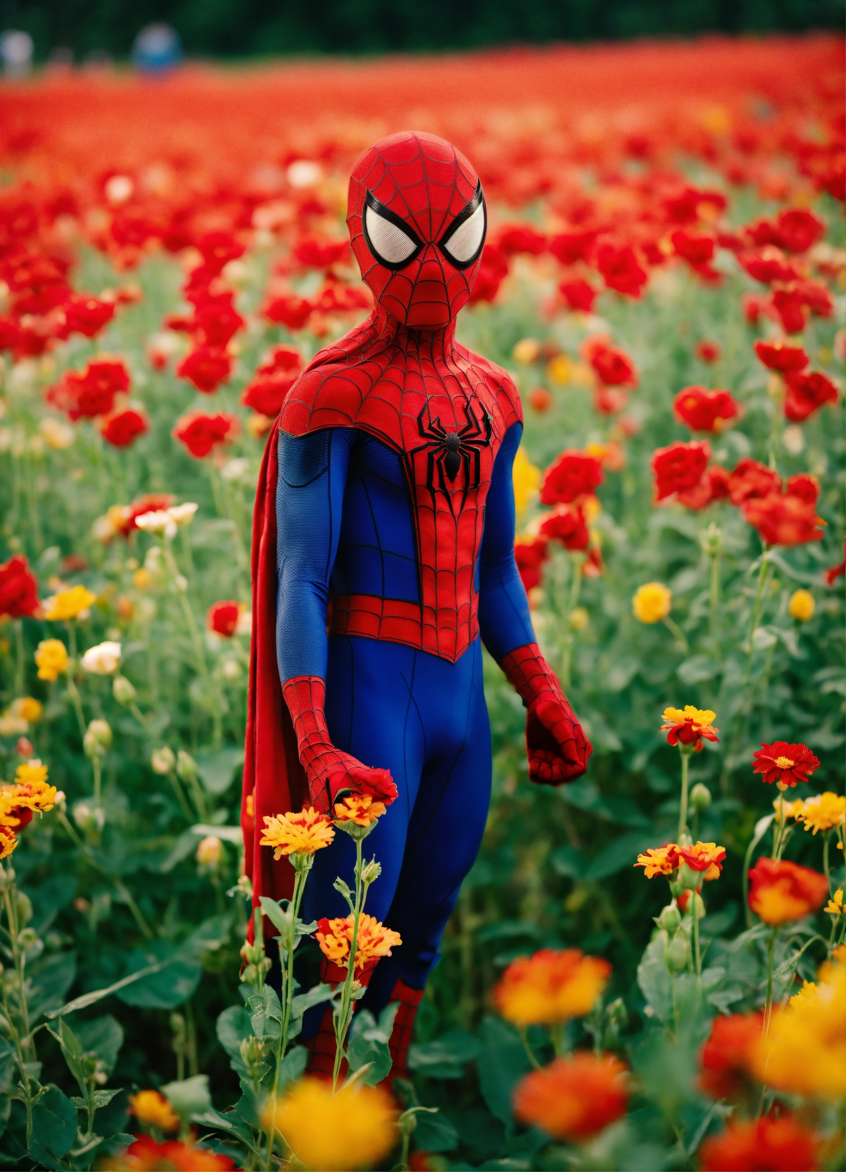 Lexica - Happy Spider-Man standing in a beautiful field of flowers,  colorful, perfect lighting, leica summicron 35mm f2.0, Kodak Portra 400,  film gra