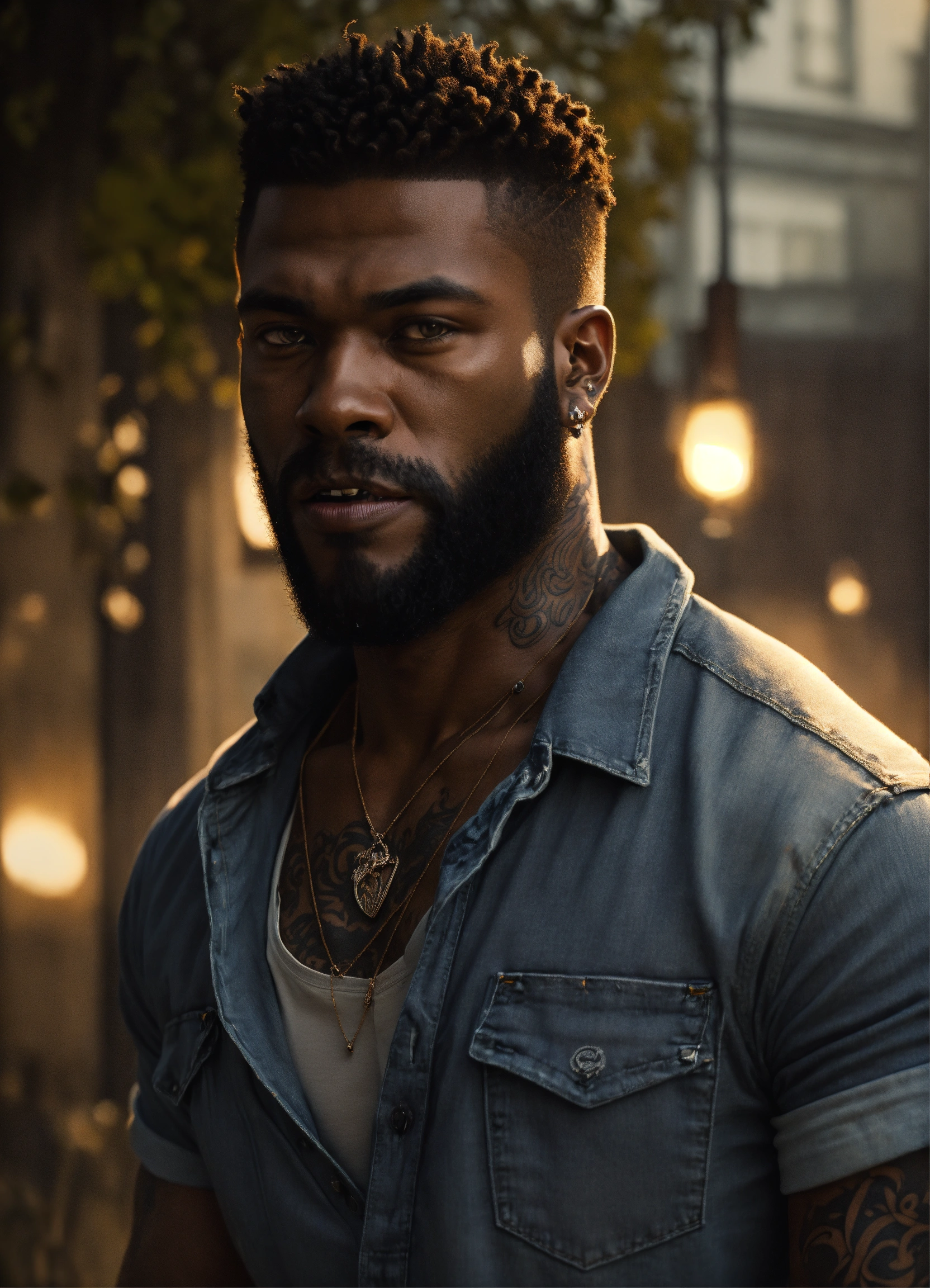 Lexica - Very Handsome black male werewolf, light eyes, beard, wearing ...