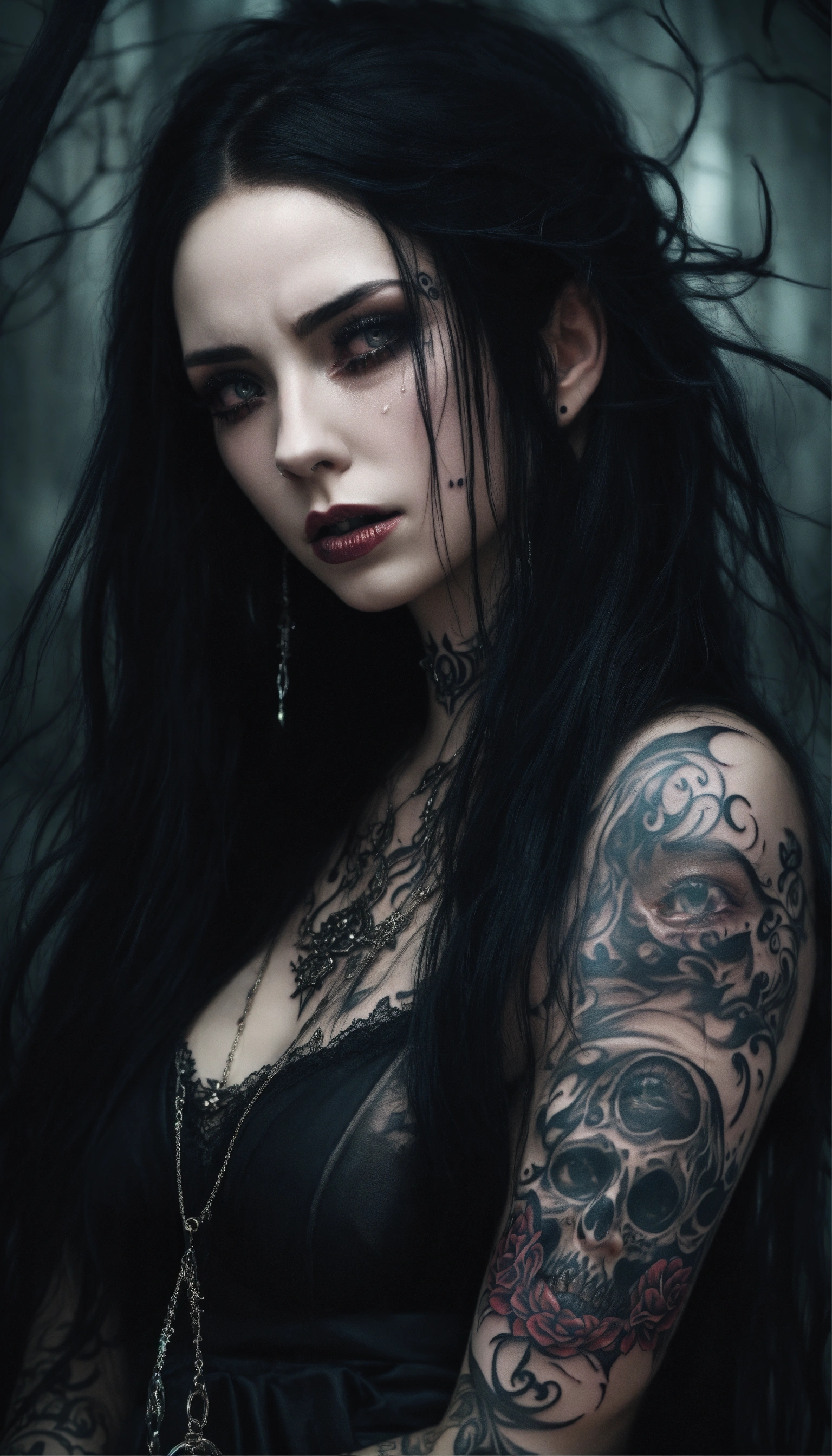 Lexica - A scary girl, full body, pale skin, long crazy black hair ...