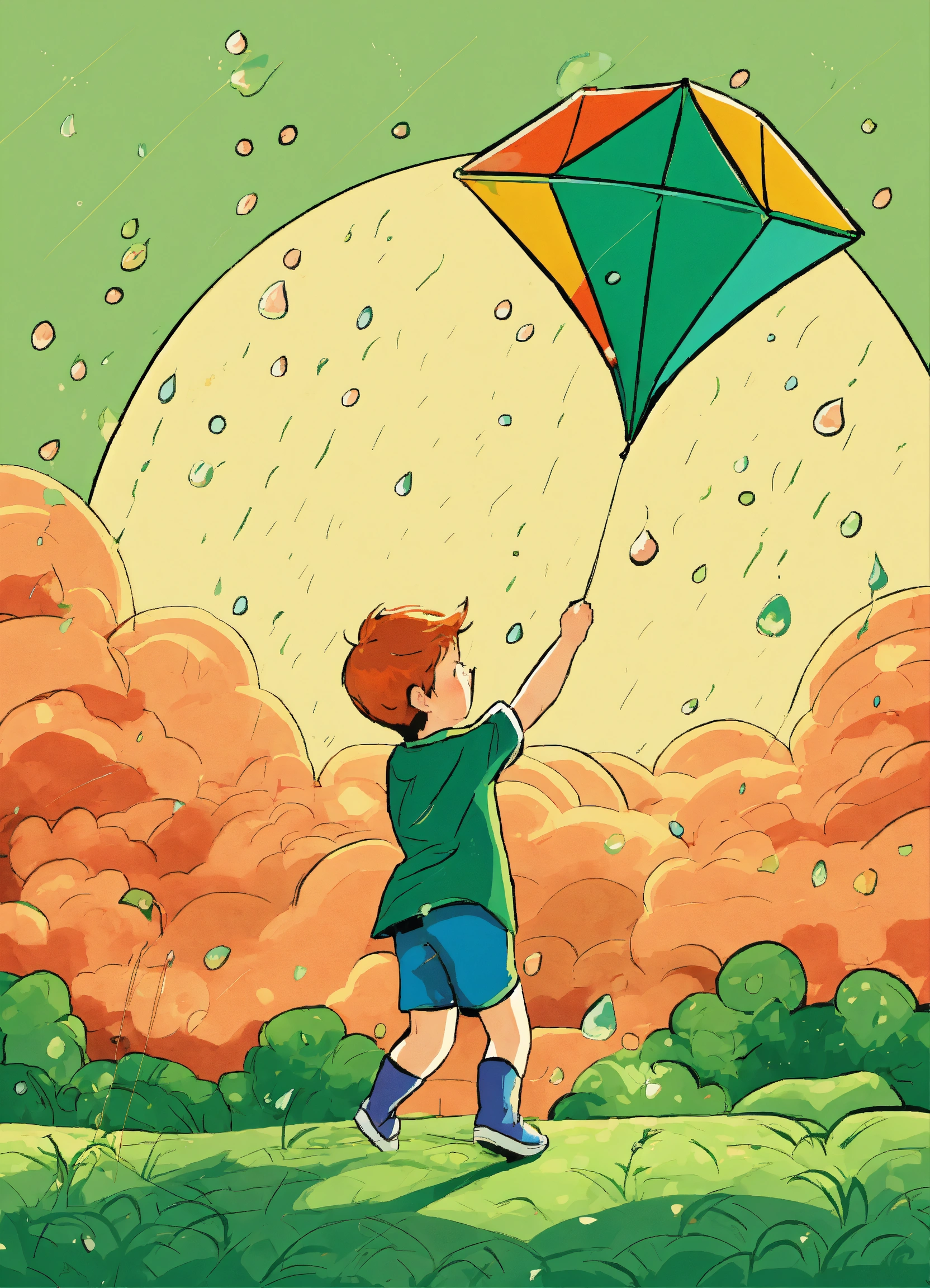 Lexica - Boy flying a kite in the rain cartoon green