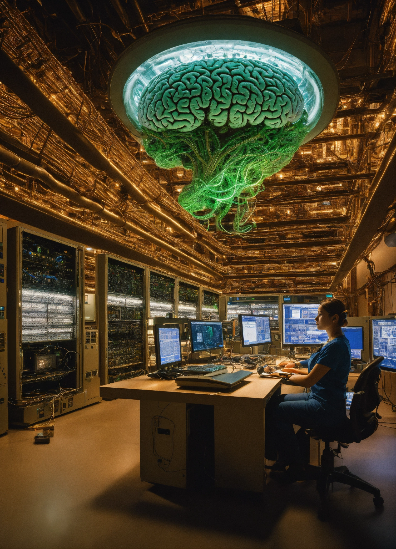 Lexica - In the center of the room, a colossal human brain is ...