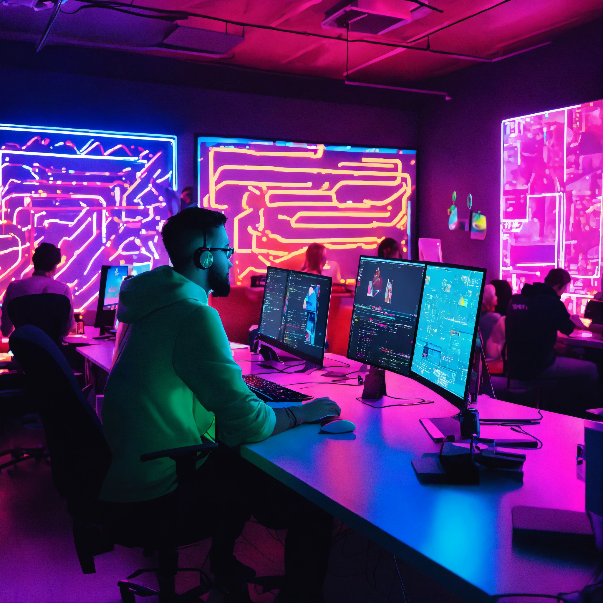 Lexica - A UX designer with numerous people in a workspace with neon ...