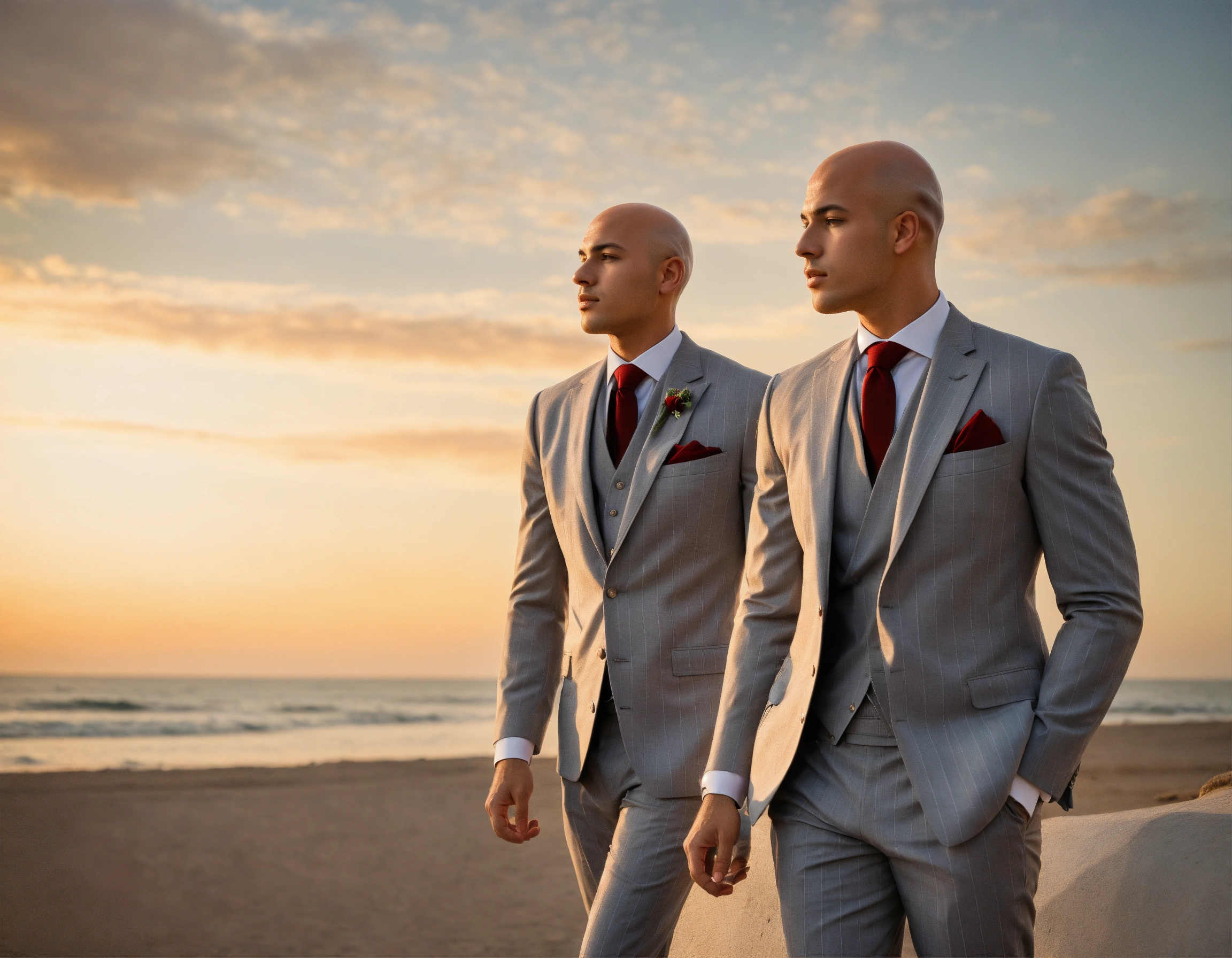 Lexica - Two young Tunisian bald male models in light grey pinstripe vested  suit and tie, looking at the sunset