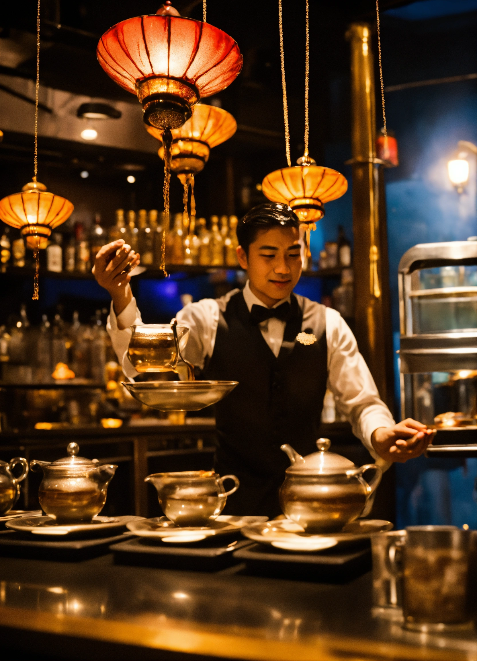 Lexica - Skilled server juggles Chai tea from one cup to another cup in ...