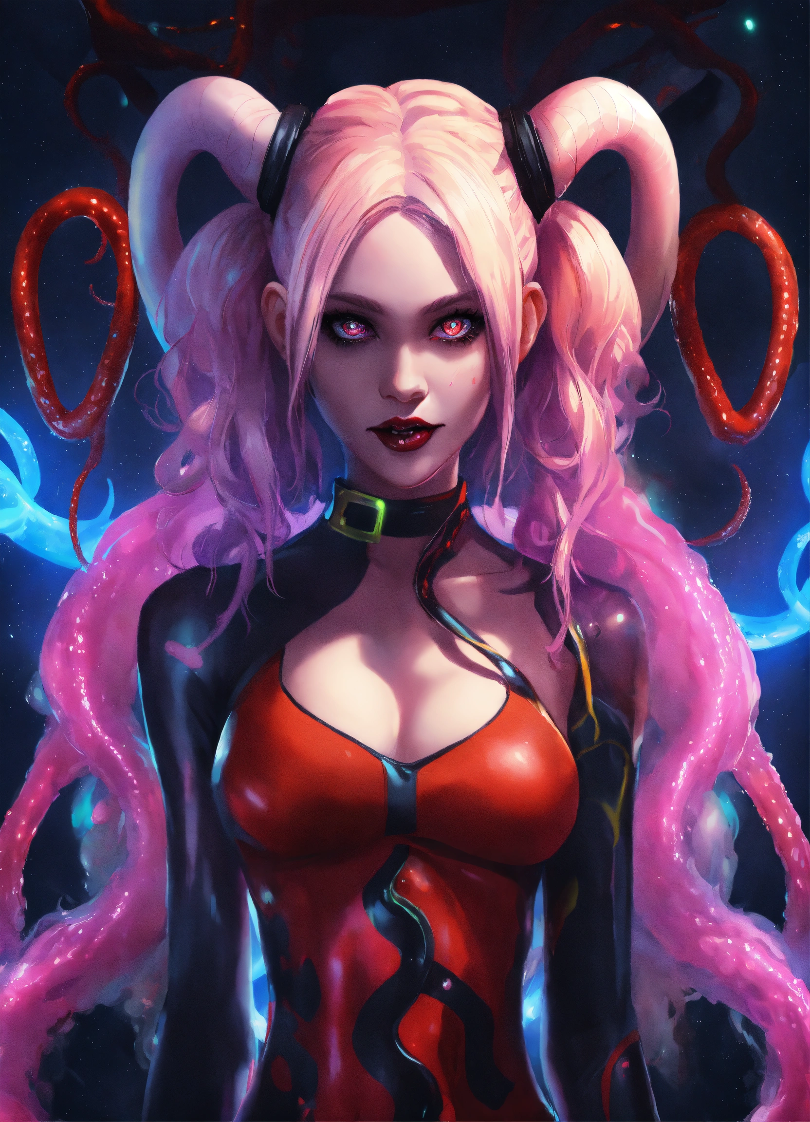 Lexica - Anime, cosplayer,harley quinn, cosmic horror, wide shot ,tentacle  hair, lights for eyes, ,extra eyes, demonic evil venom squid alien, venom  ...