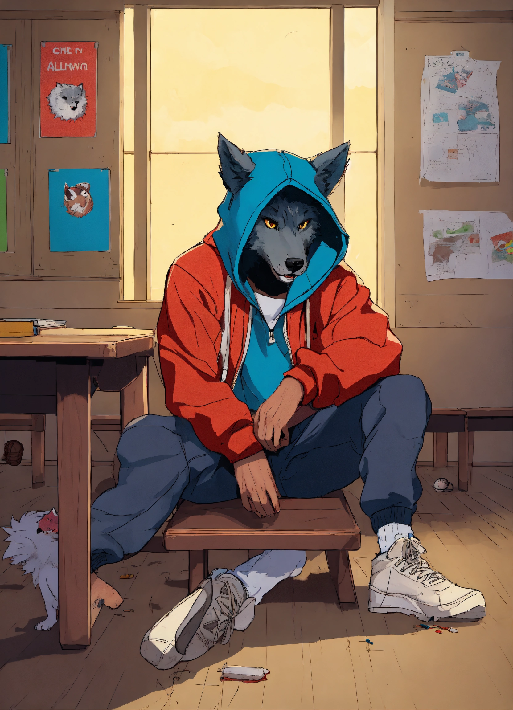 Lexica - Young werewolf wearing hoodie and baseball caps sitting in a ...