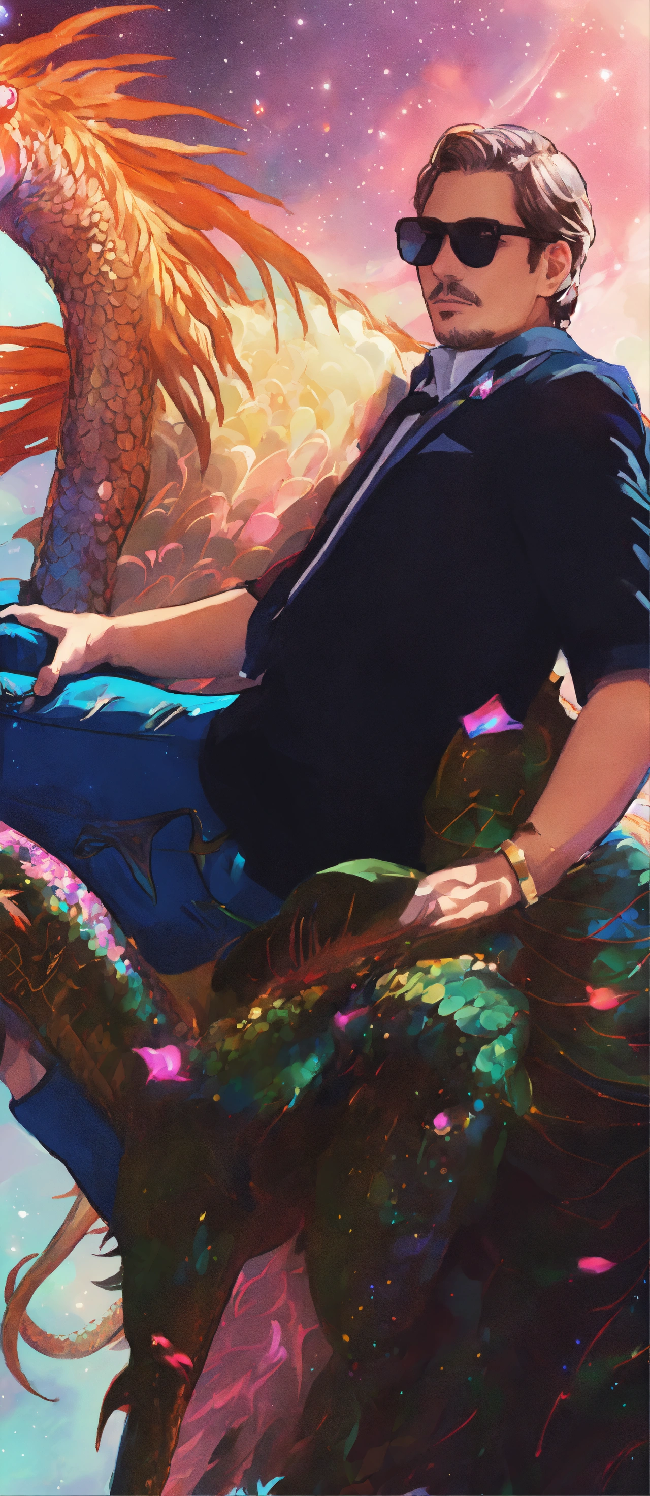 Lexica - This man riding a flamingo dragon in space, high contrast ...