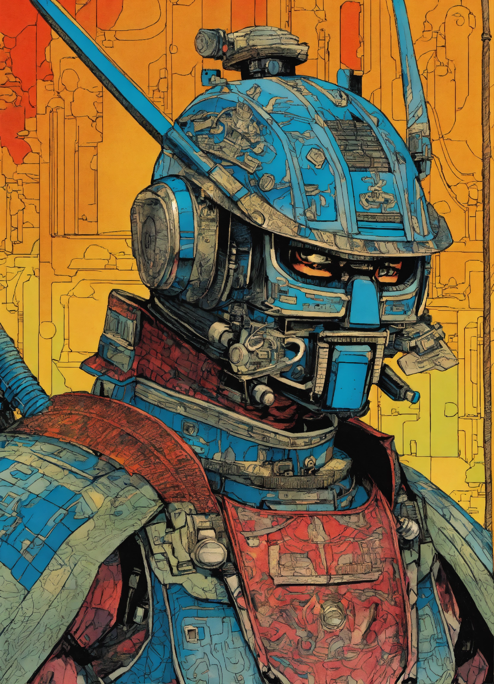 Lexica - Detailed pen and ink illustration of a samurai robot, head ...